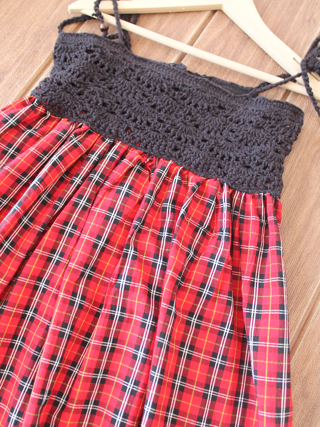 Woonie Cotton Hand Knitted Sleeveless Checkered Crochet Detailed Dress - Red