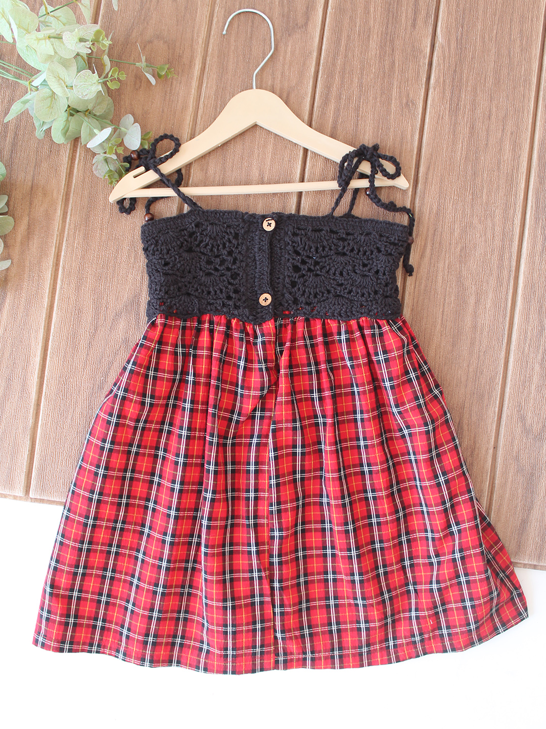 Woonie Cotton Hand Knitted Sleeveless Checkered Crochet Detailed Dress - Red