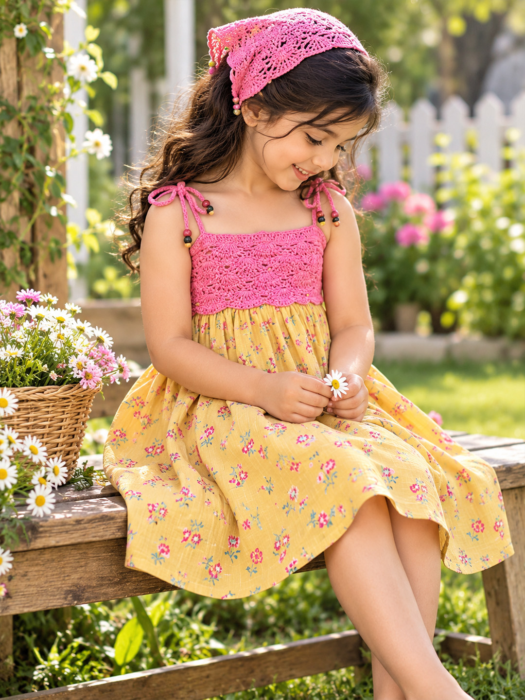 Woonie Cotton Hand Knitted Sleeveless Floral Printed Crochet Detailed Dress - Yellow
