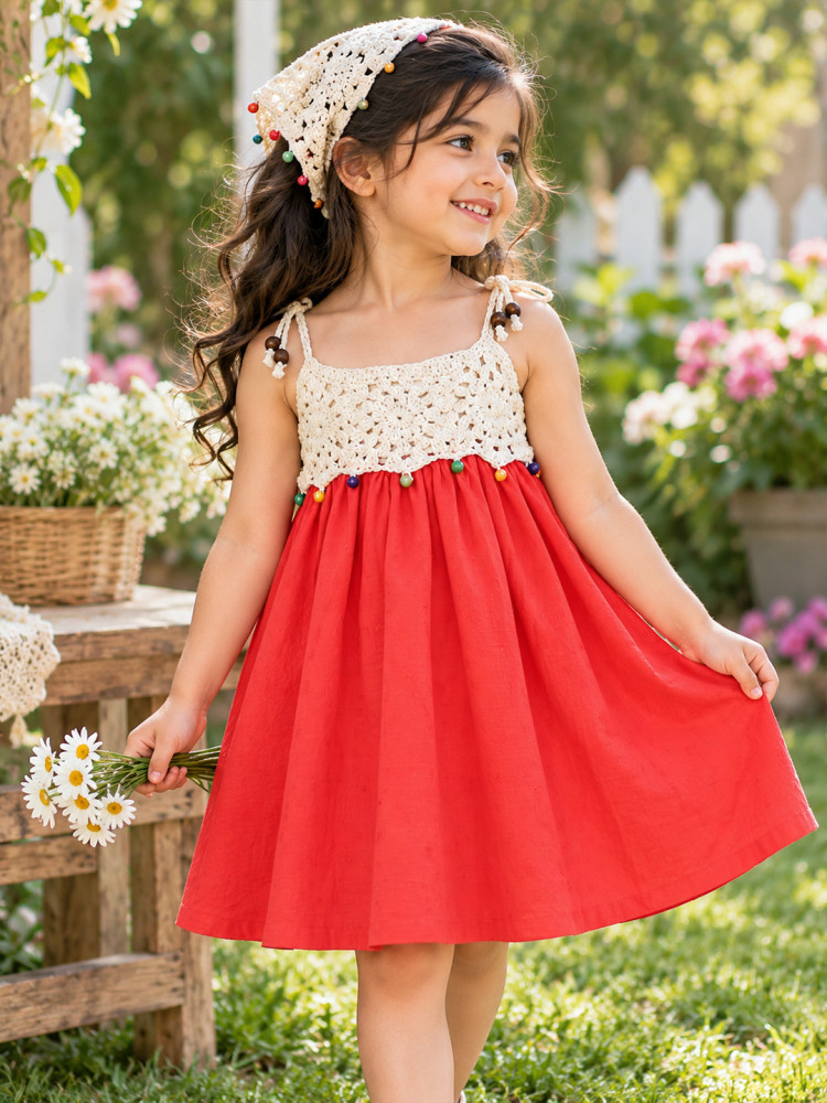 Image of Woonie Cotton Hand Knitted Sleeveless Crochet Detailed Dress - Red