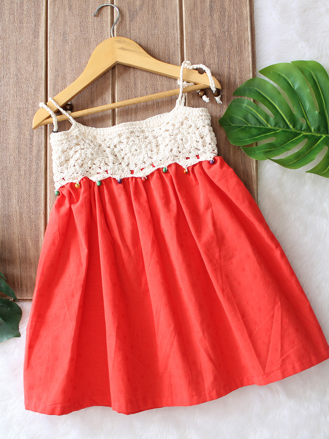 Woonie Cotton Hand Knitted Sleeveless Crochet Detailed Dress - Red