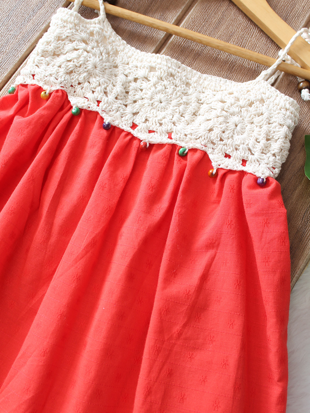 Woonie Cotton Hand Knitted Sleeveless Crochet Detailed Dress - Red