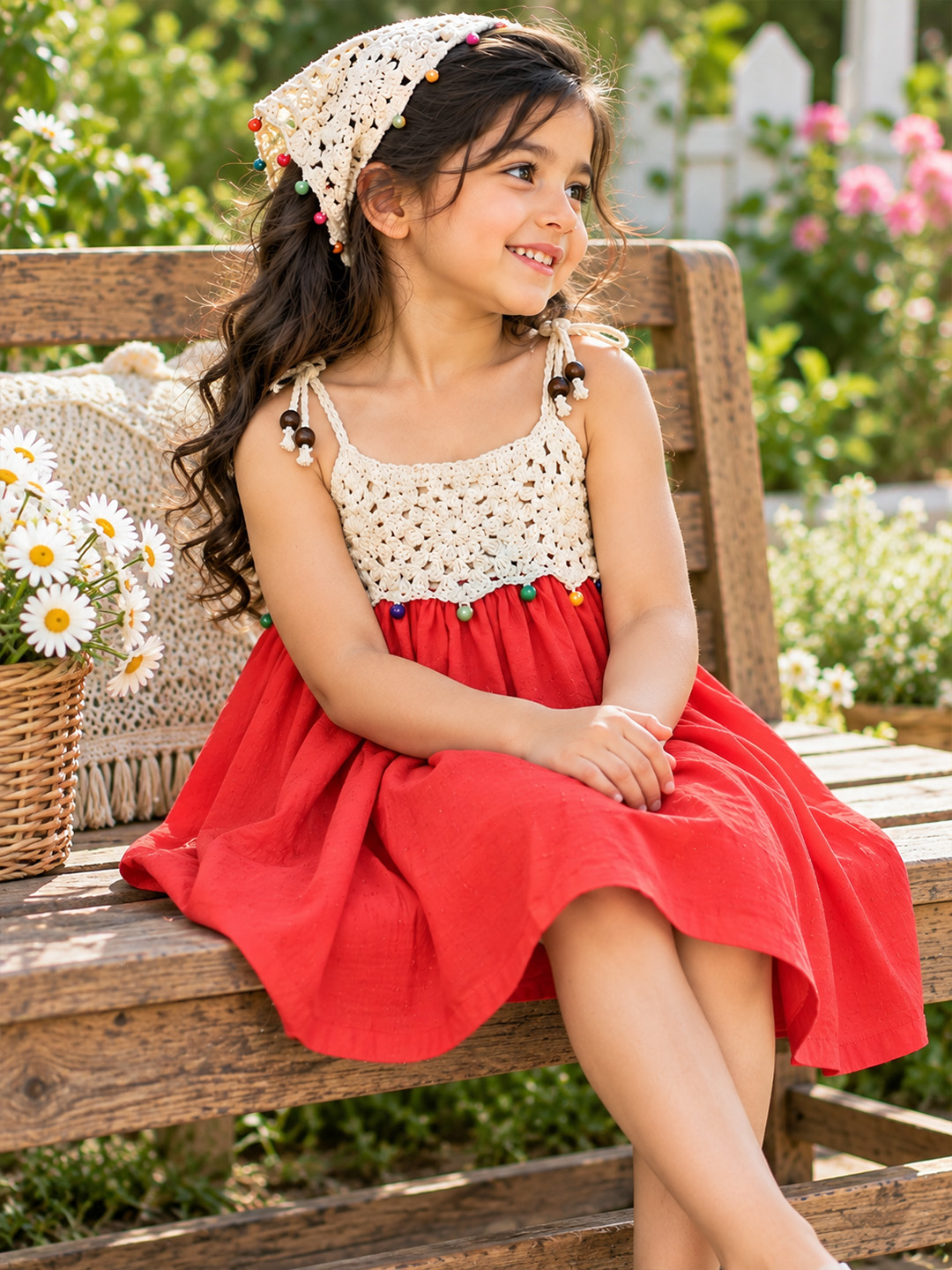 Woonie Cotton Hand Knitted Sleeveless Crochet Detailed Dress - Red