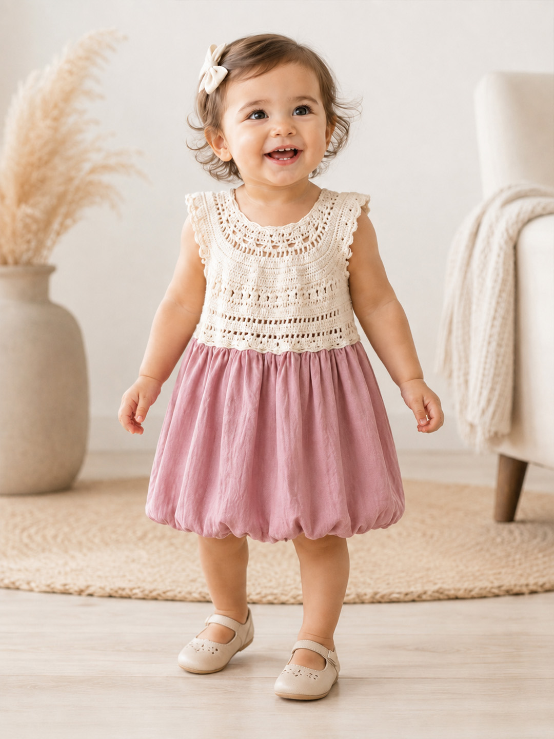Woonie Cotton Hand Knitted Sleeveless Balloon Frock with Crochet Detailed Yoke - Pink