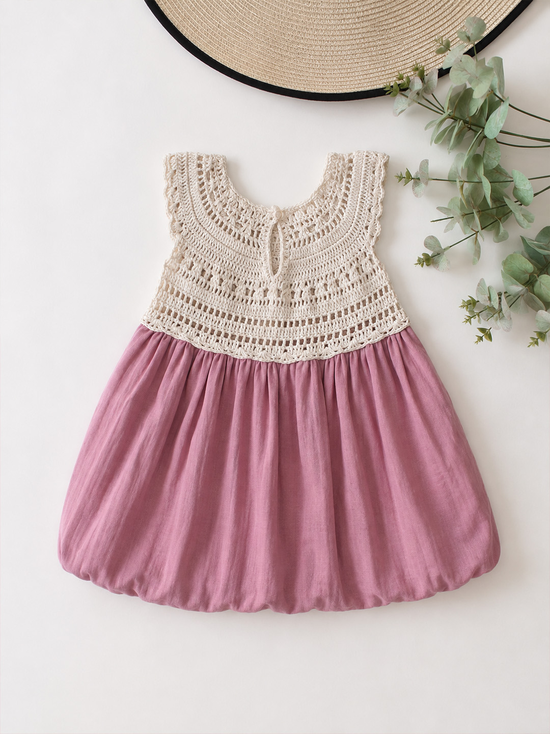 Woonie Cotton Hand Knitted Sleeveless Balloon Frock with Crochet Detailed Yoke - Pink
