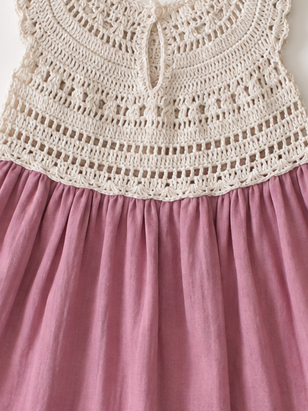 Woonie Cotton Hand Knitted Sleeveless Balloon Frock with Crochet Detailed Yoke - Pink