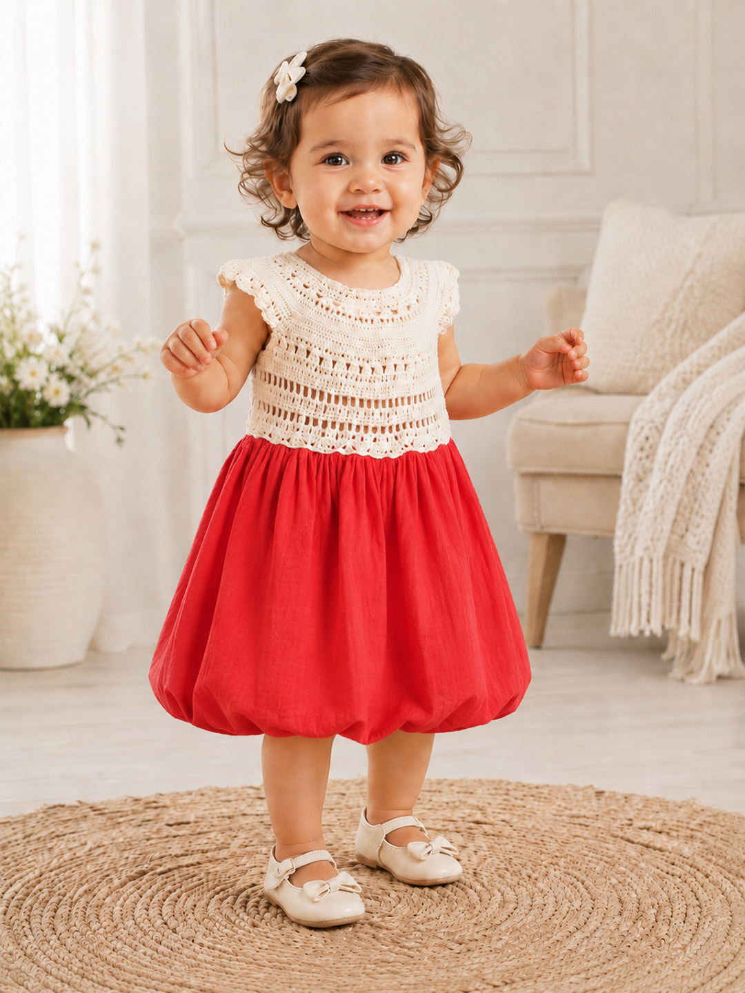 Woonie Cotton Hand Knitted Sleeveless Balloon Frock with Crochet Detailed Yoke - Red