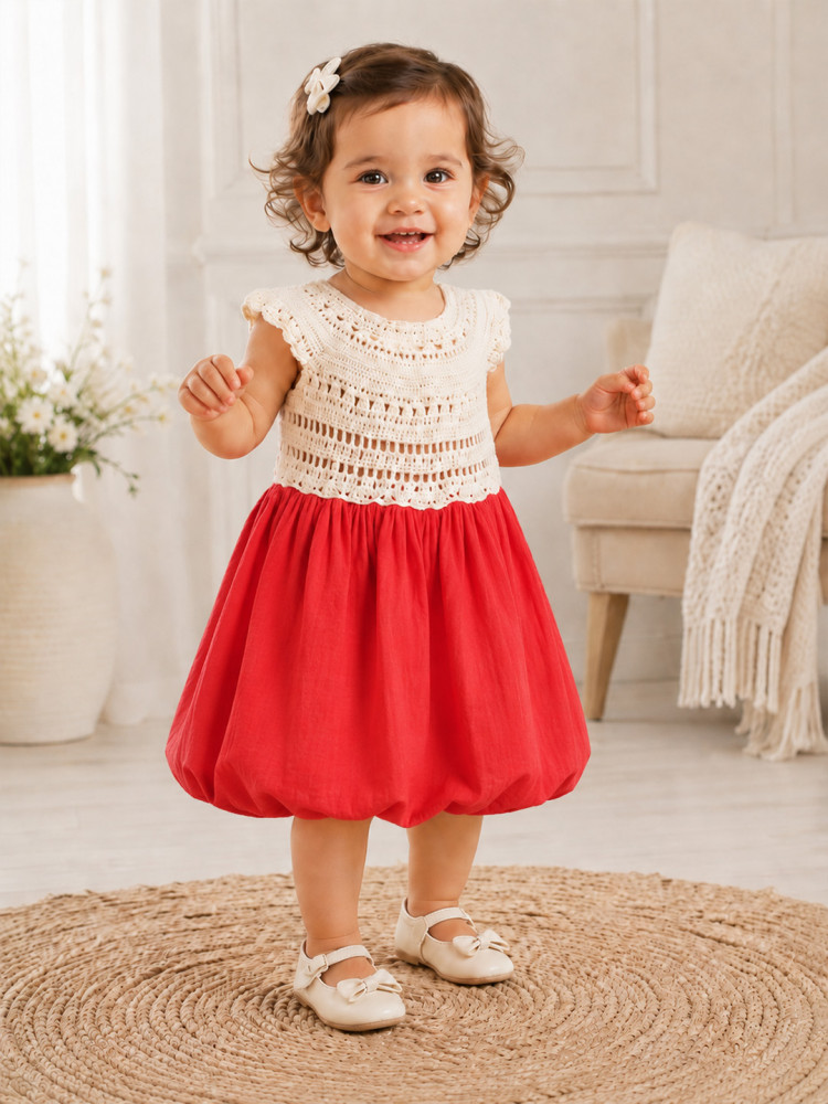 Image of Woonie Cotton Hand Knitted Sleeveless Balloon Frock with Crochet Detailed Yoke - Red