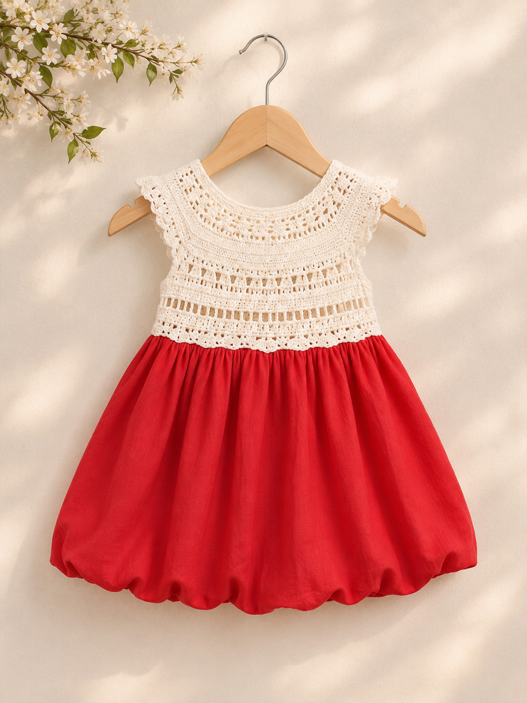 Woonie Cotton Hand Knitted Sleeveless Balloon Frock with Crochet Detailed Yoke - Red