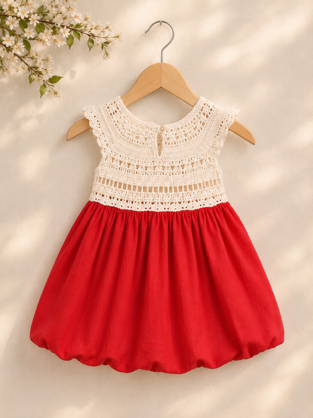 Woonie Cotton Hand Knitted Sleeveless Balloon Frock with Crochet Detailed Yoke - Red