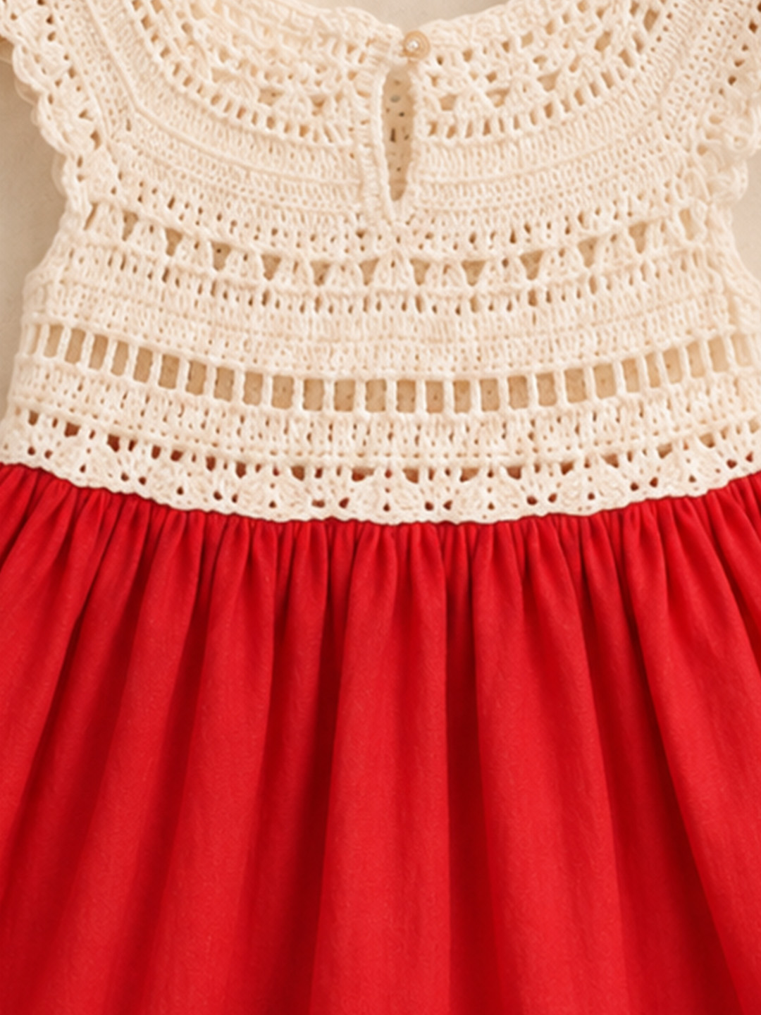 Woonie Cotton Hand Knitted Sleeveless Balloon Frock with Crochet Detailed Yoke - Red