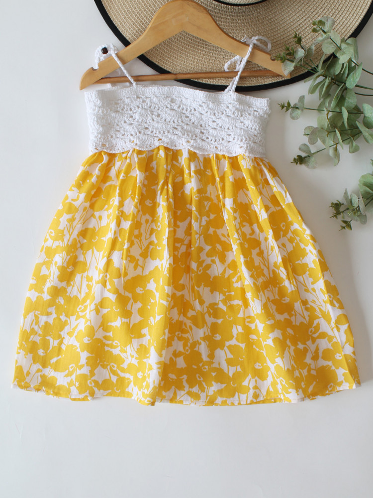 Image of Woonie Cotton Hand Knitted Sleeveless Floral Printed Crochet Detailed Dress - Yellow