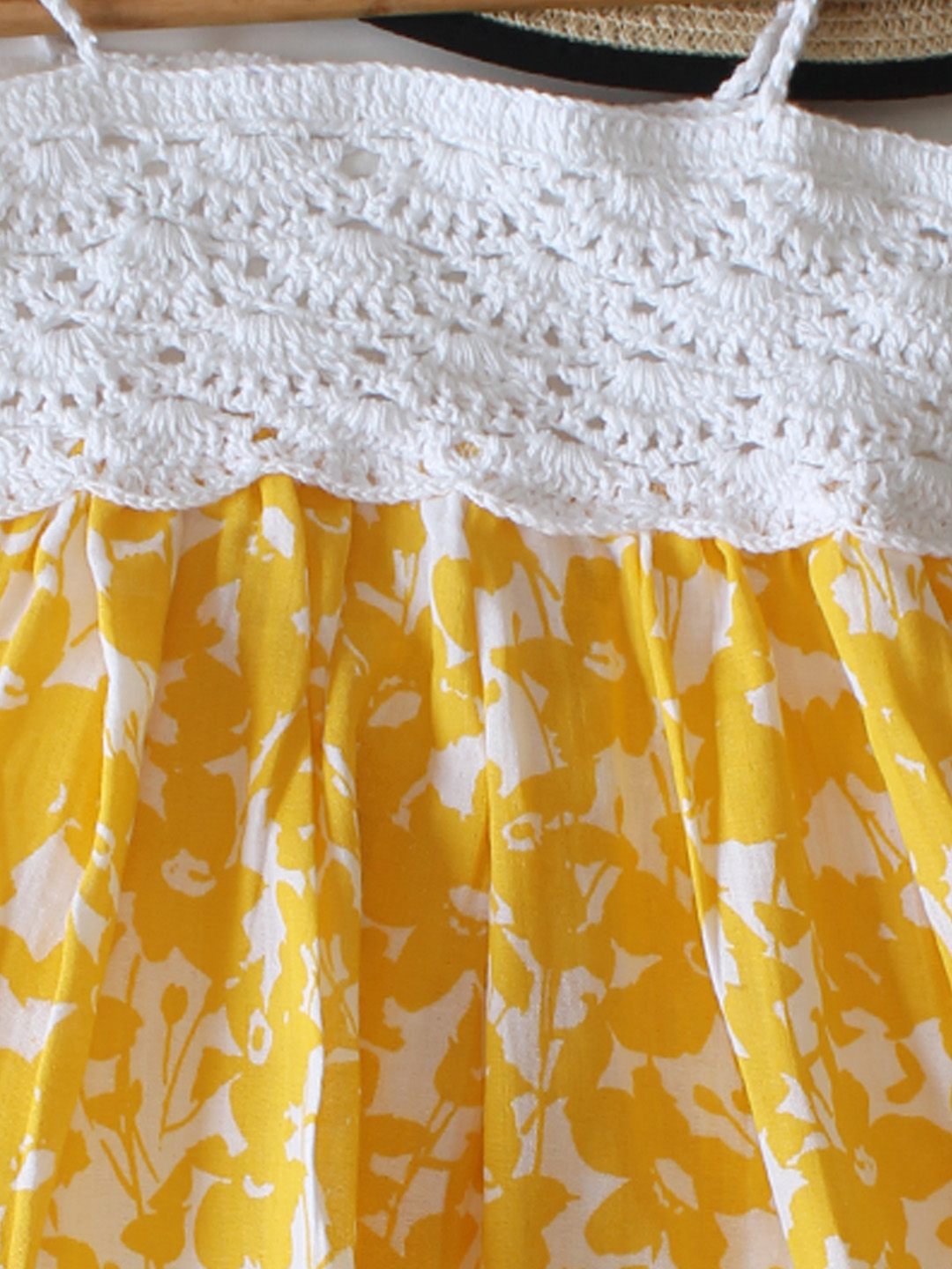 Woonie Cotton Hand Knitted Sleeveless Floral Printed Crochet Detailed Dress - Yellow