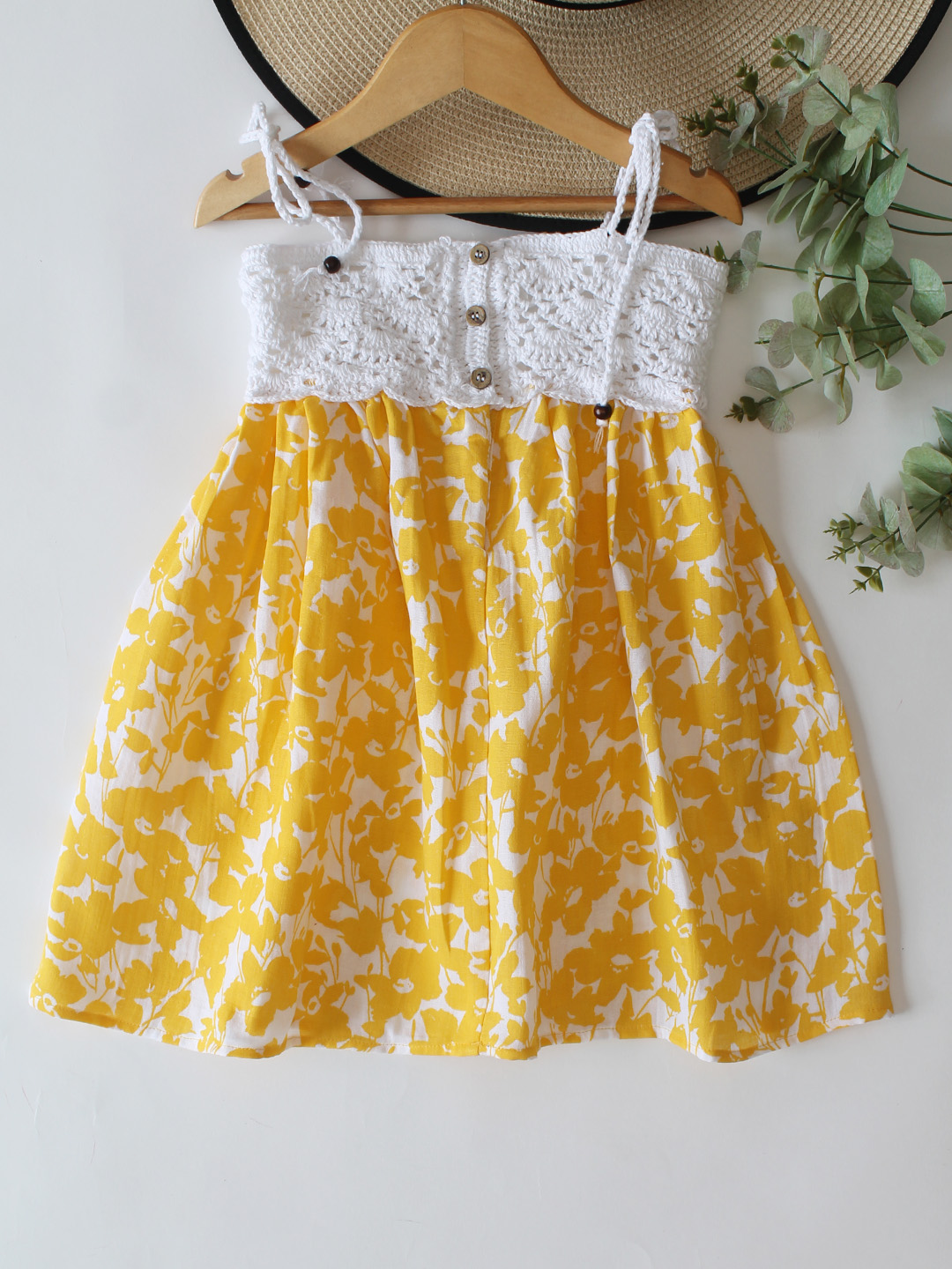 Woonie Cotton Hand Knitted Sleeveless Floral Printed Crochet Detailed Dress - Yellow