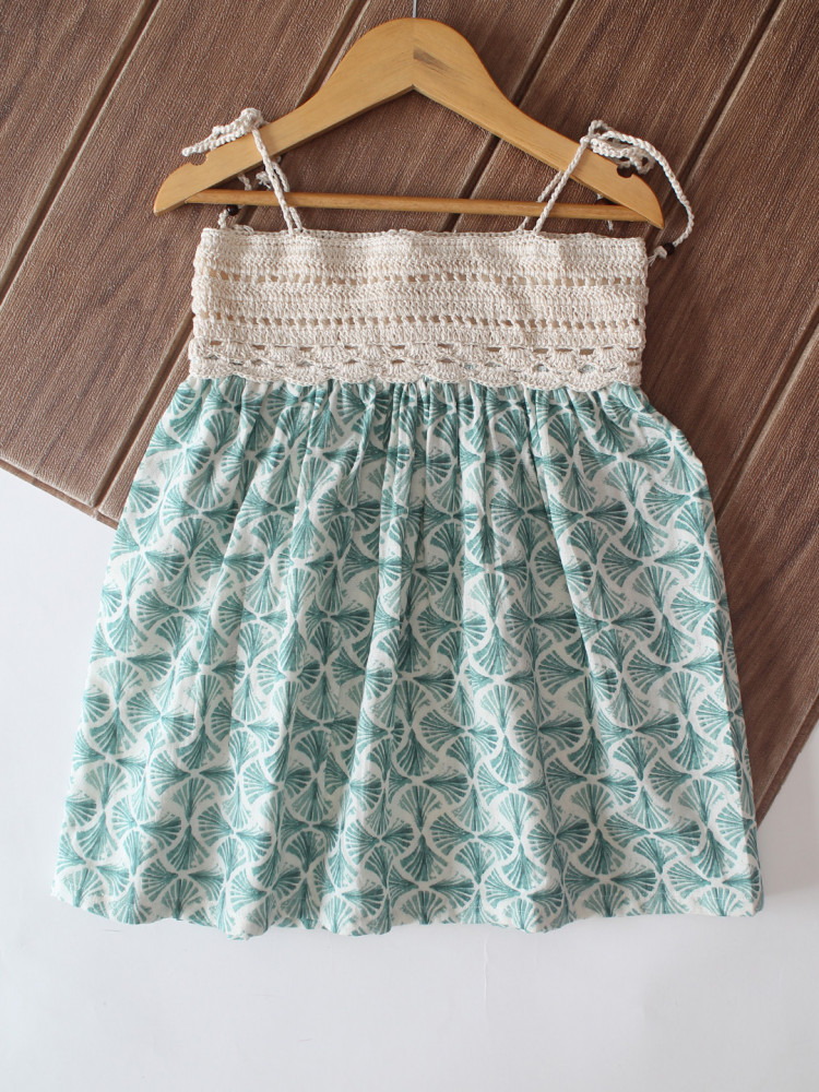 Image of Woonie Cotton Hand Knitted Sleeveless Printed Crochet Detailed Dress - Green