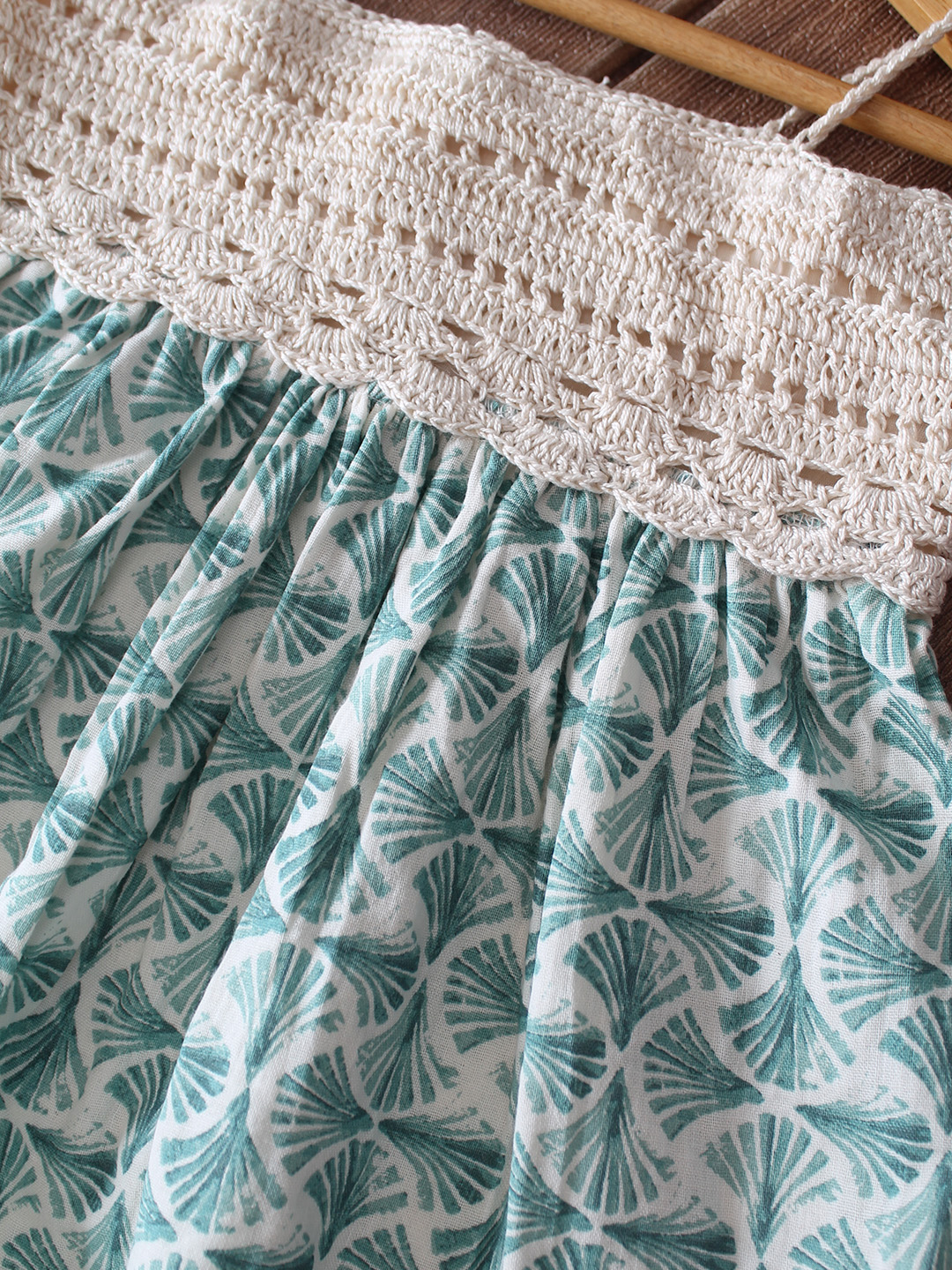 Woonie Cotton Hand Knitted Sleeveless Printed Crochet Detailed Dress - Green