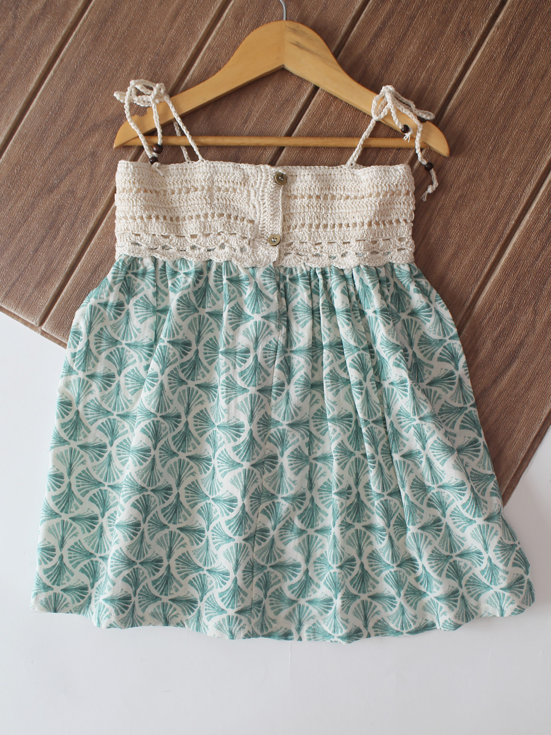 Woonie Cotton Hand Knitted Sleeveless Printed Crochet Detailed Dress - Green