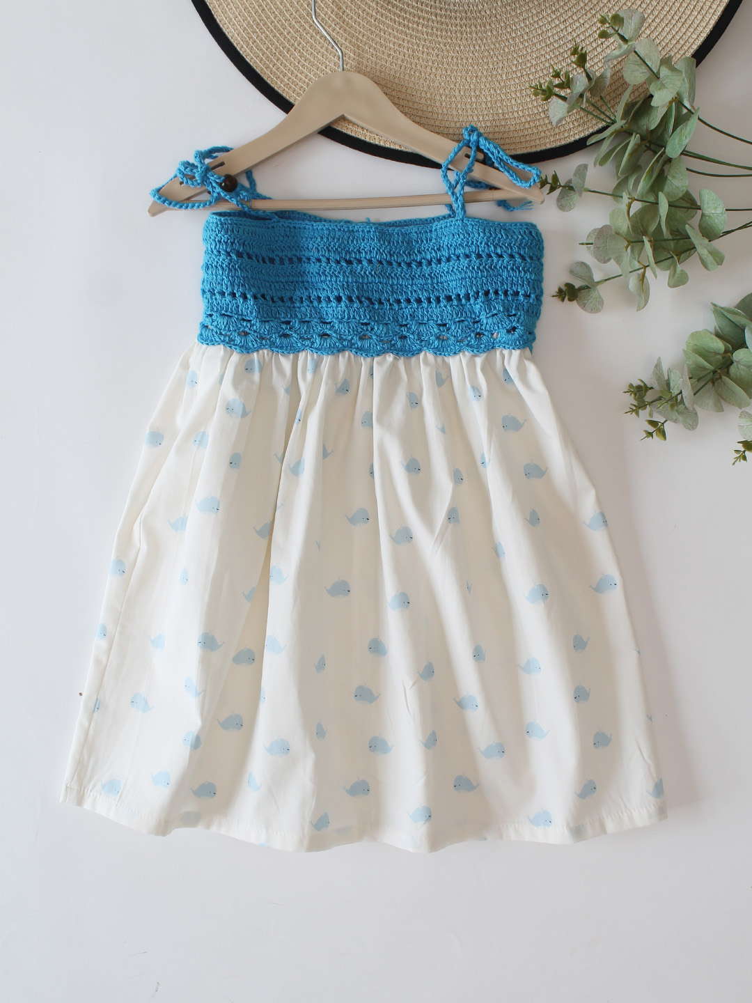 Woonie Cotton Hand Knitted Sleeveless Whales Printed Crochet Detailed Dress - White