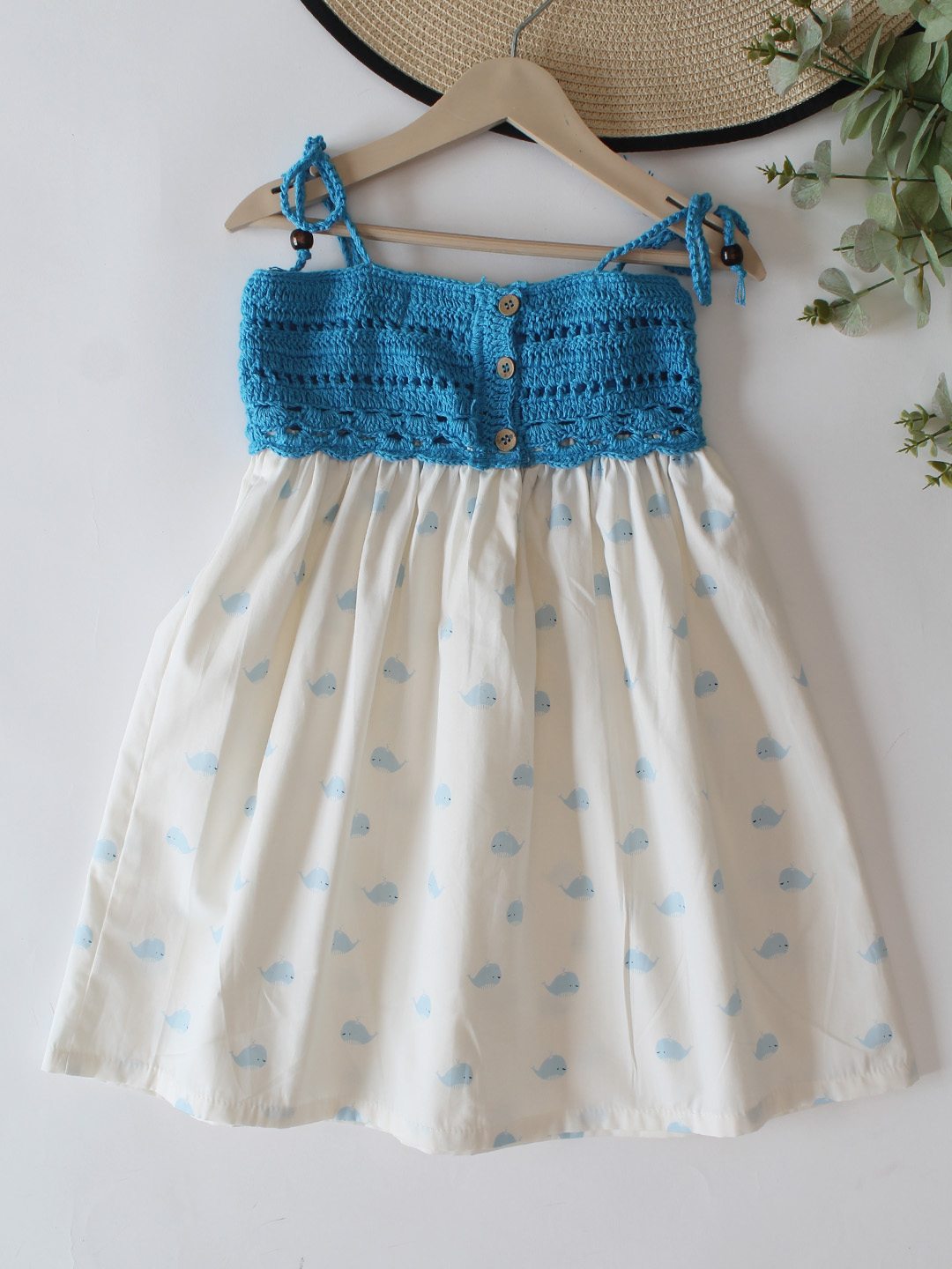 Woonie Cotton Hand Knitted Sleeveless Whales Printed Crochet Detailed Dress - White