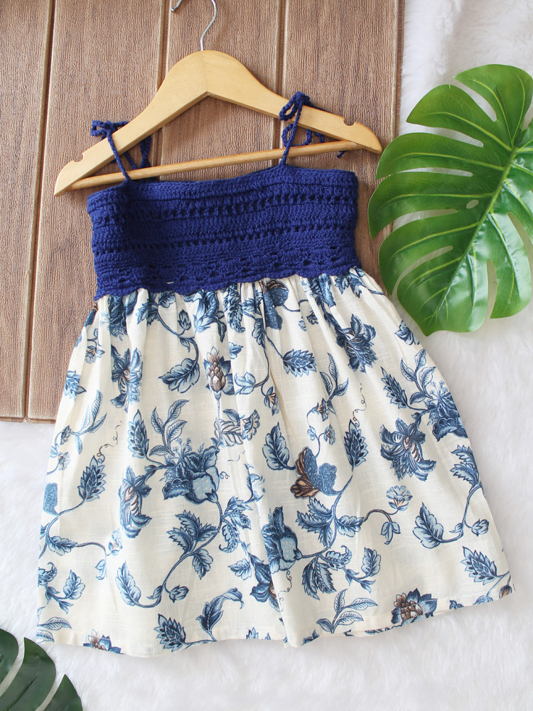 Image of Woonie Cotton Sleeveless Printed Crochet Detailed Dress - Blue
