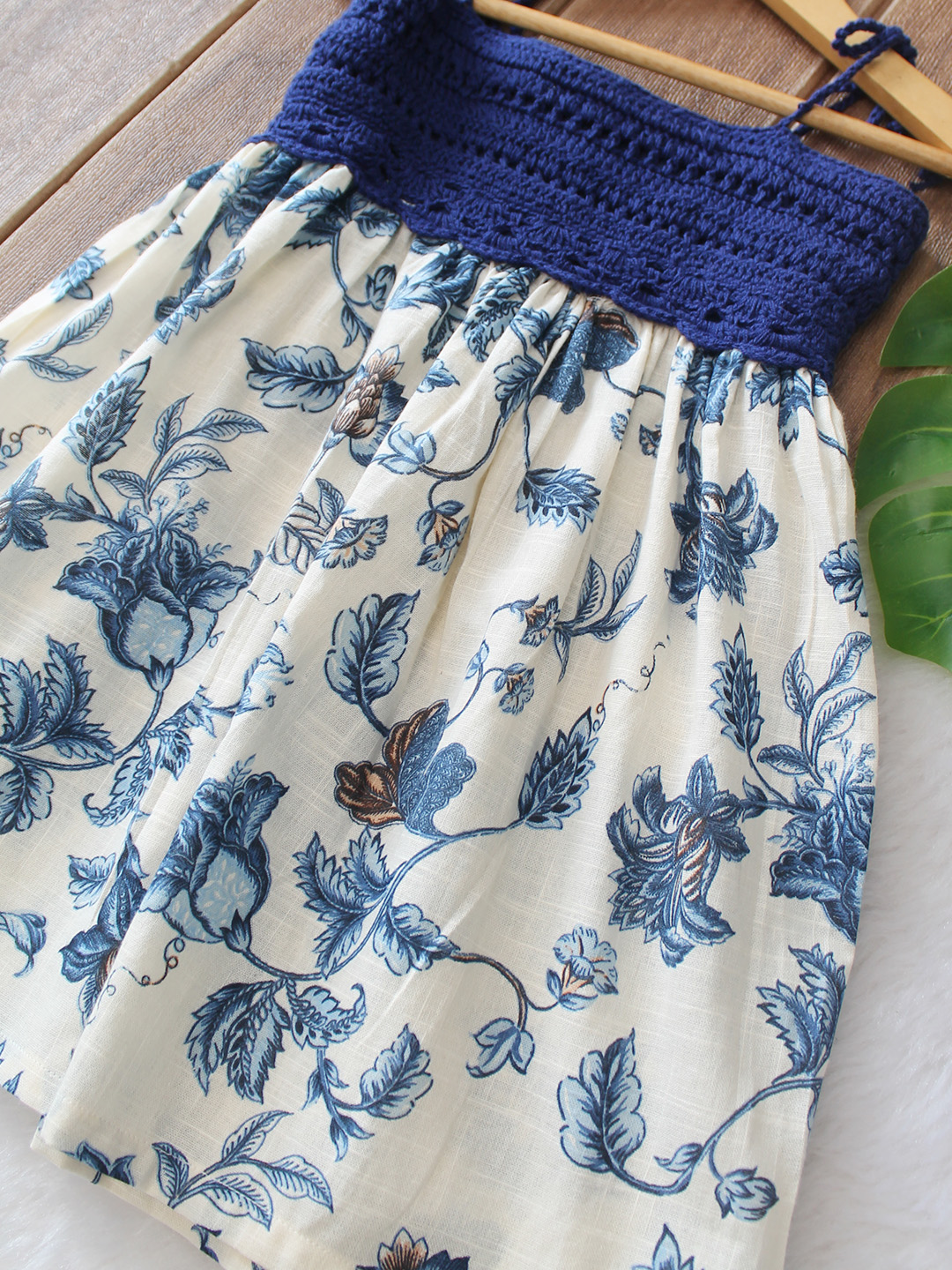 Woonie Cotton Sleeveless Printed Crochet Detailed Dress - Blue