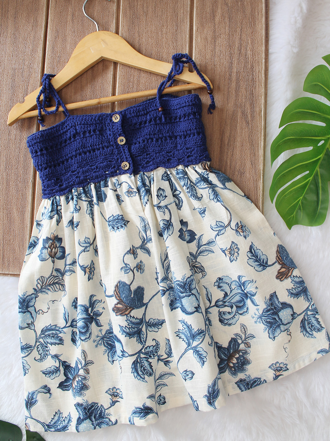 Woonie Cotton Sleeveless Printed Crochet Detailed Dress - Blue
