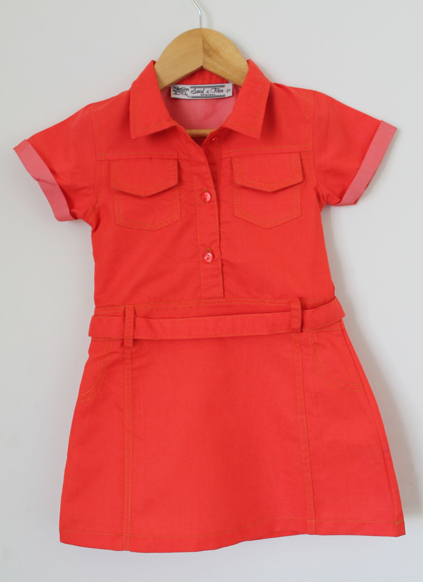 Woonie Short Sleeves Frock With Belt-Orange