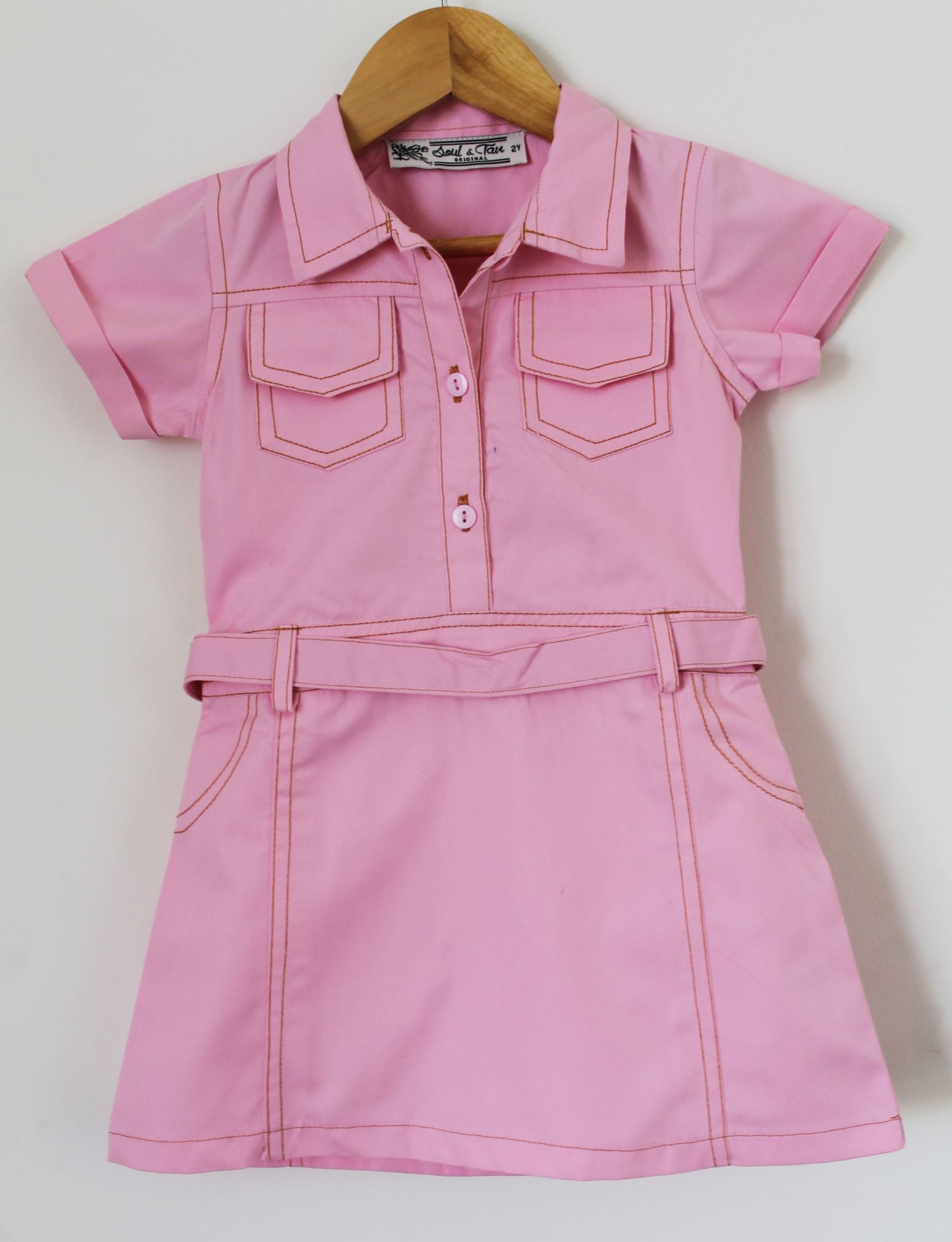 Woonie Half Sleeves Denim Frock-Pink