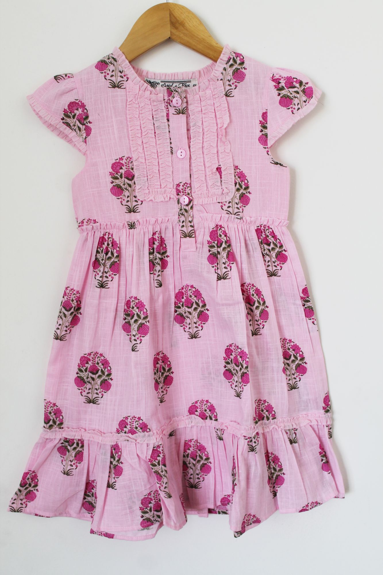 Woonie Cap Sleeves Block Printed Frock-Pink