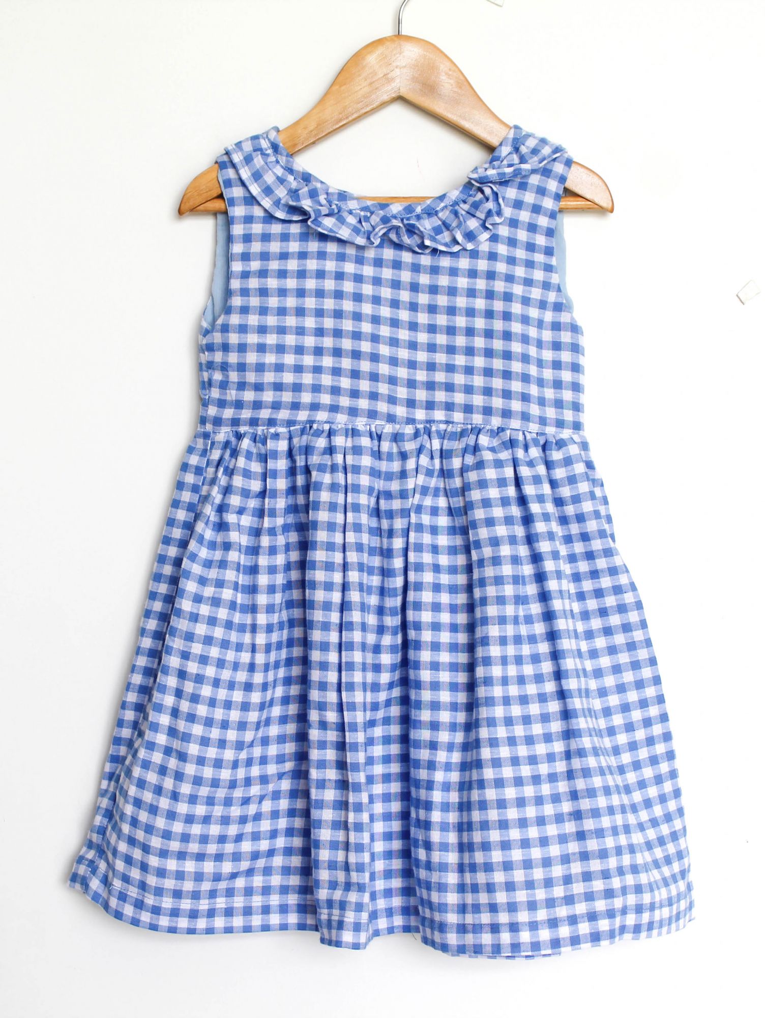 Woonie Sleeveless Checked Knee Length Frock- Blue