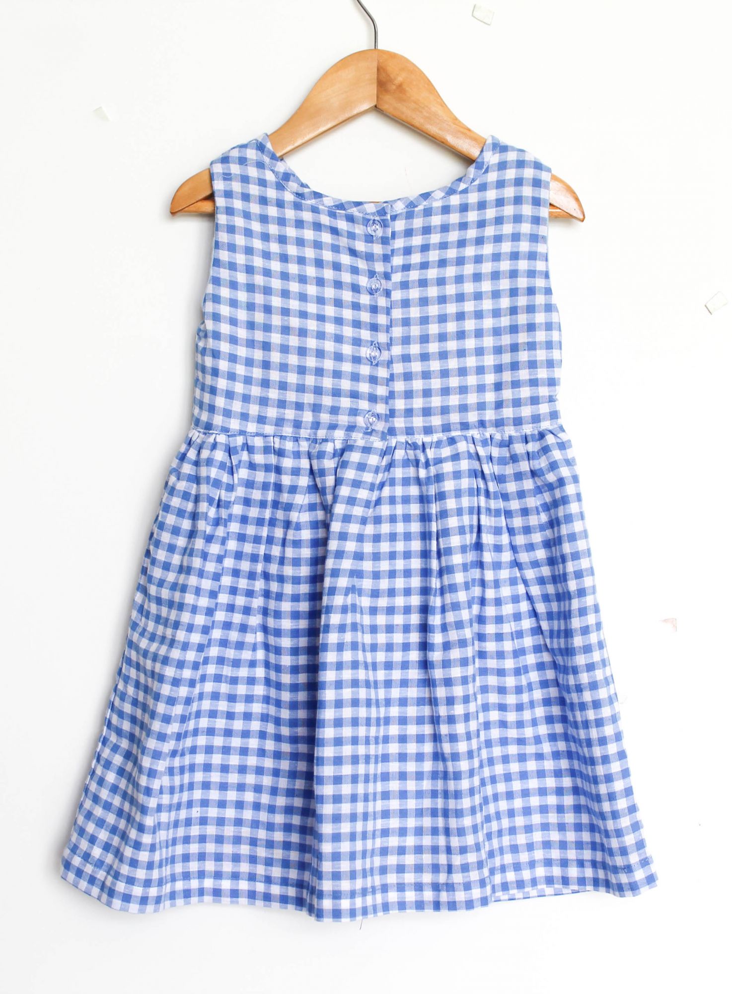 Woonie Sleeveless Checked Knee Length Frock- Blue