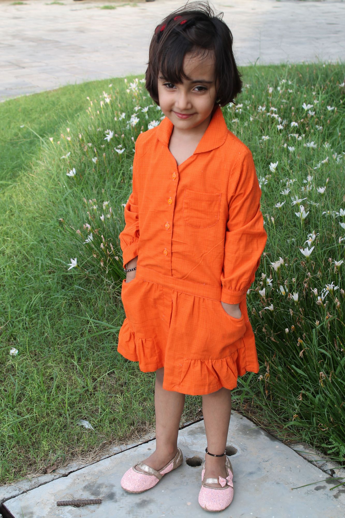 Woonie Full Sleeves Knee Length Frock with Pocket Detail-Orange
