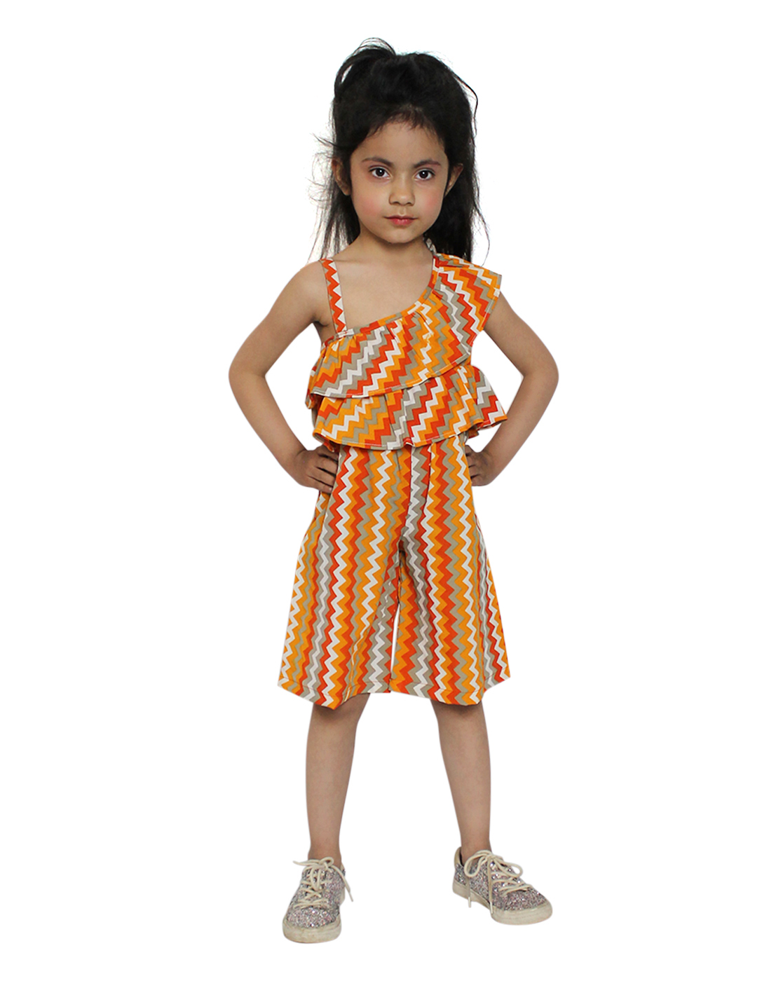 Woonie Sleeveless Chevron Print Jumpsuit - Orange