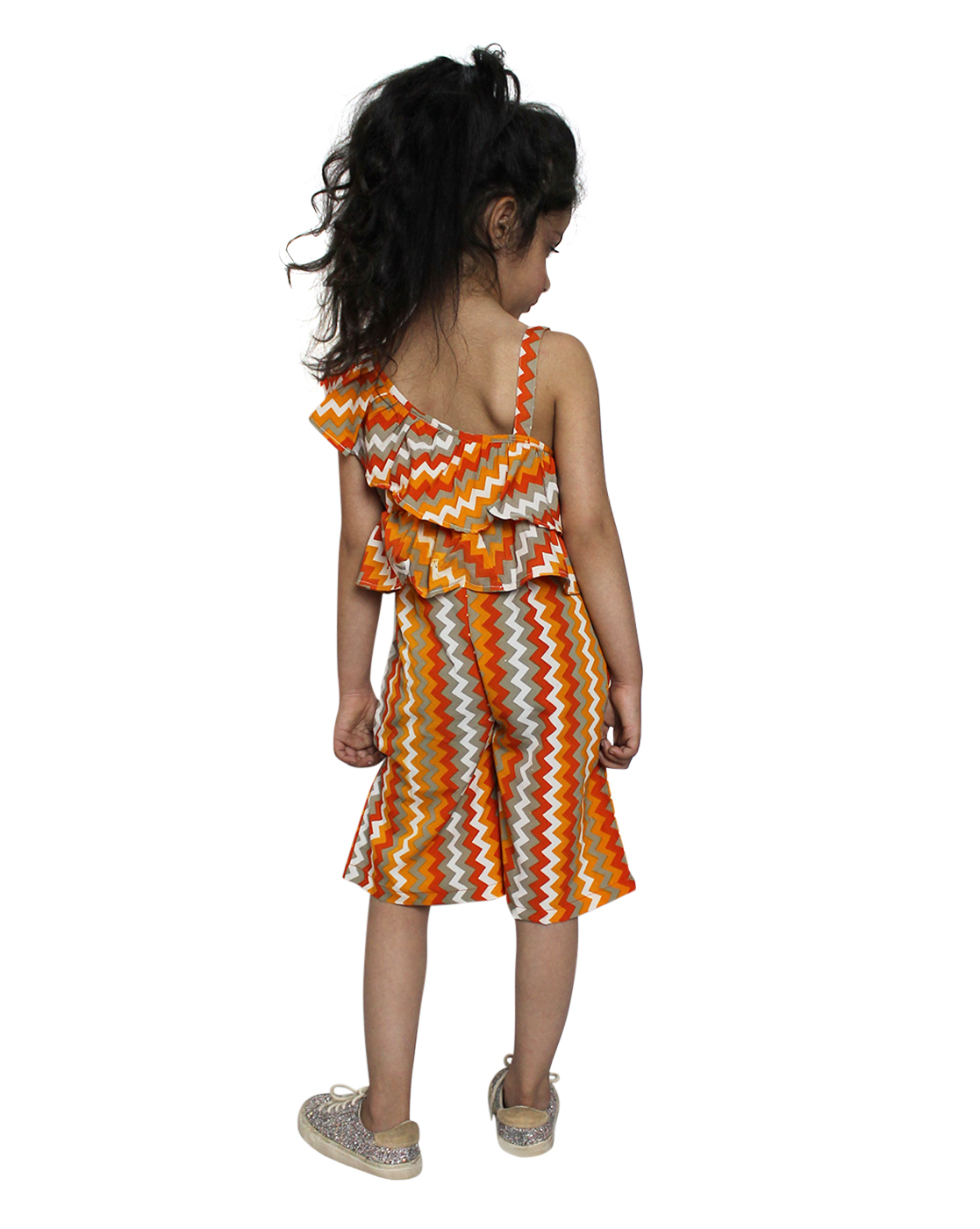 Woonie Sleeveless Chevron Print Jumpsuit - Orange