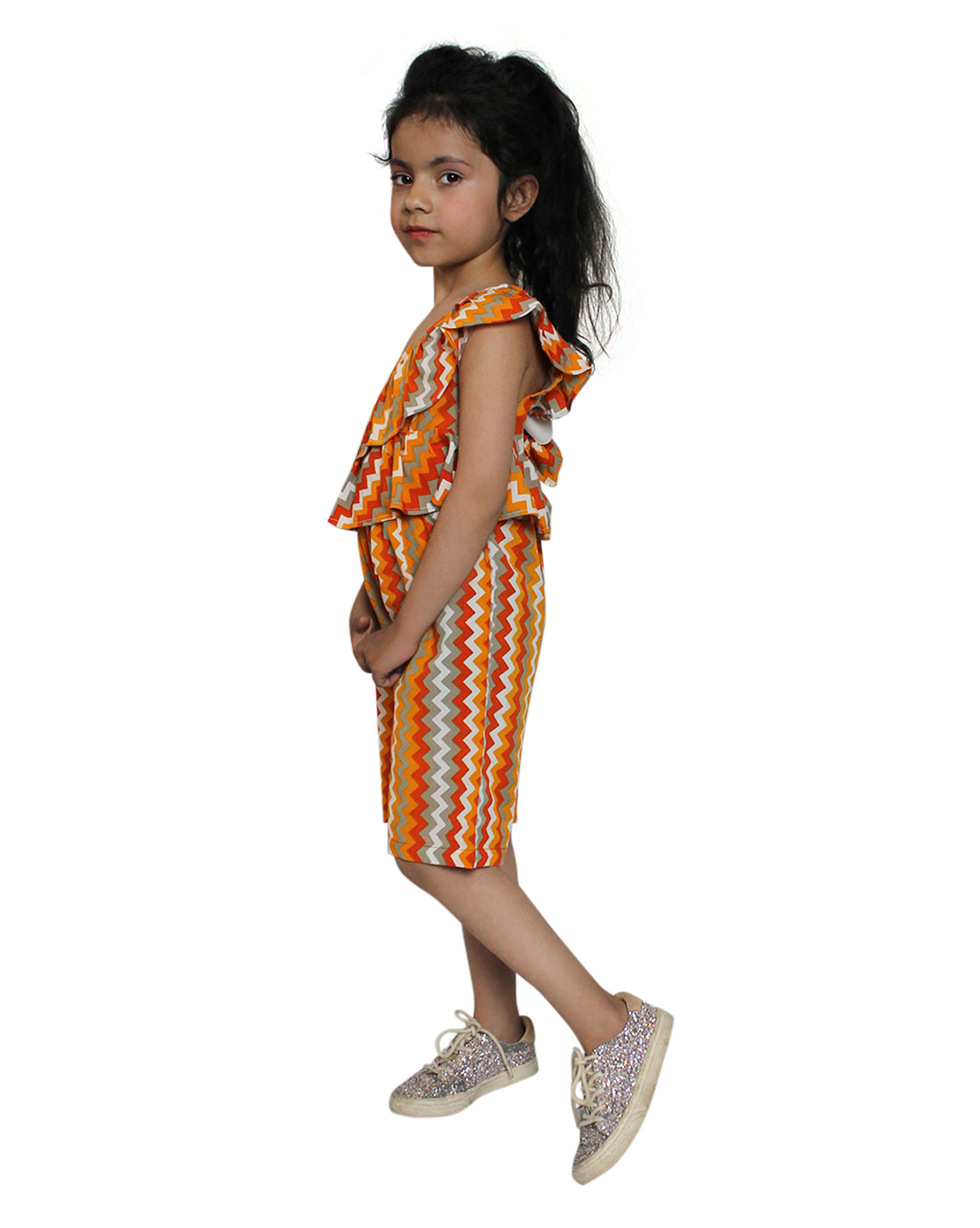 Woonie Sleeveless Chevron Print Jumpsuit - Orange