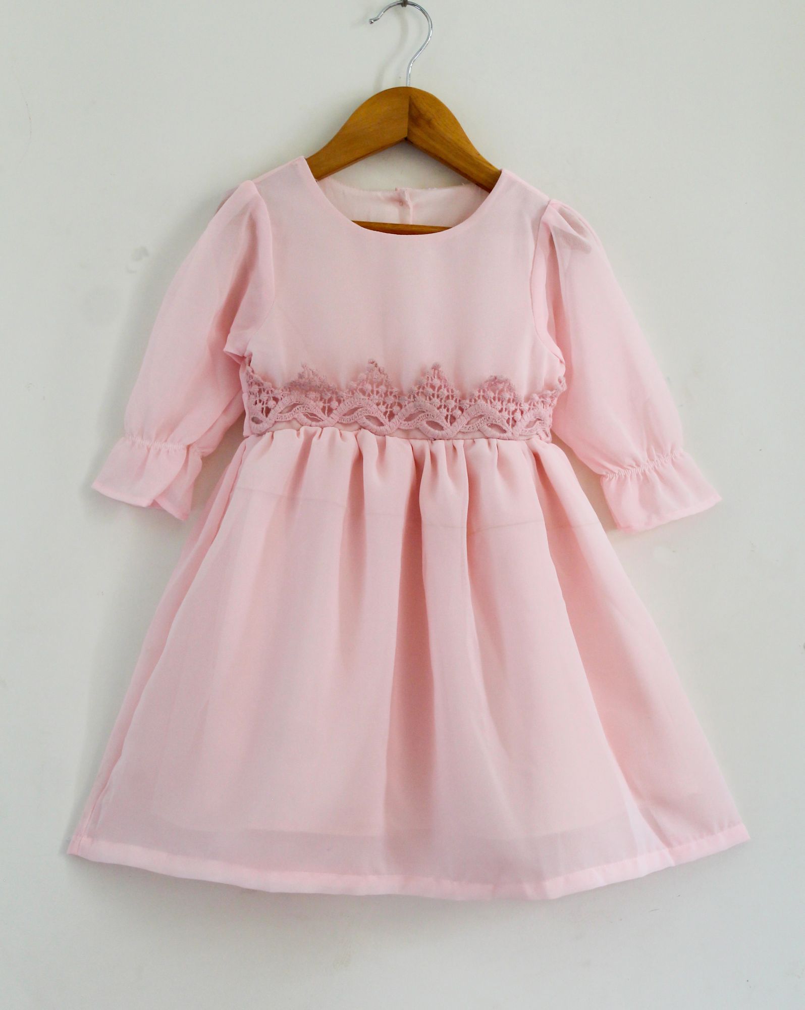 Woonie Three Fourth Sleeves Solid Color Dress - Pink