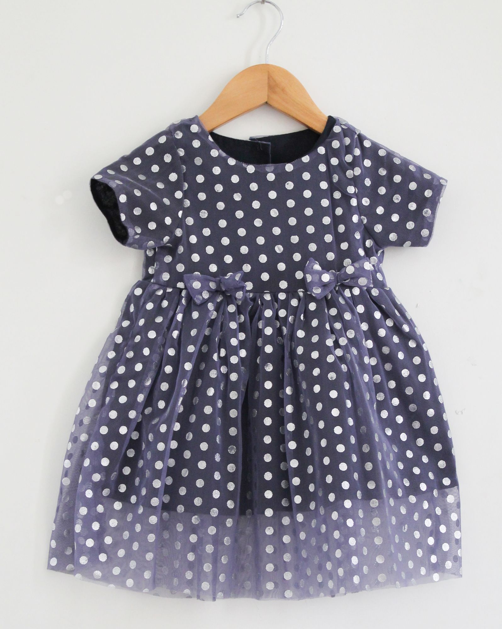 Woonie Half Sleeves Dot Print Fit & Flare Tulle Dress - Blue