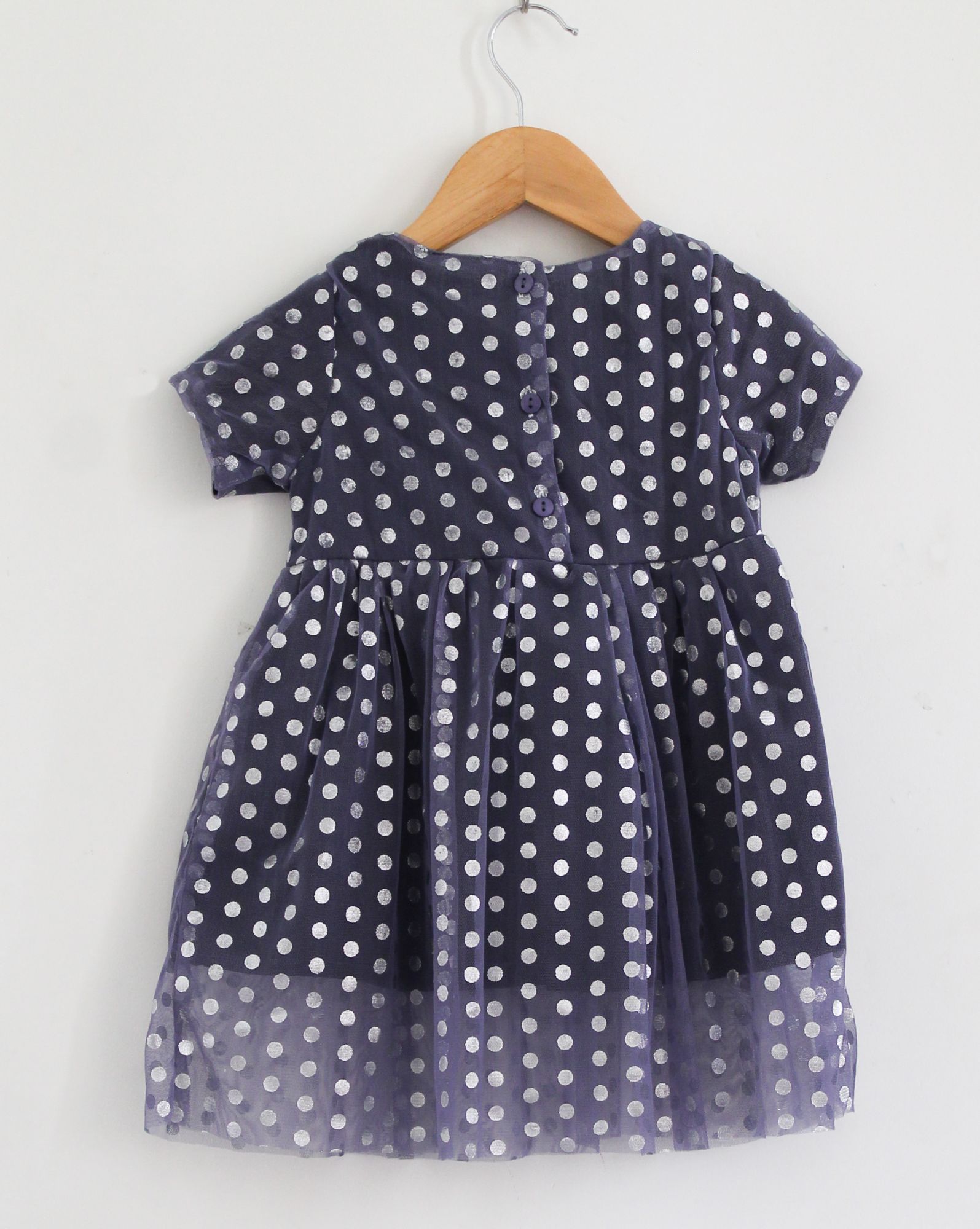 Woonie Half Sleeves Dot Print Fit & Flare Tulle Dress - Blue