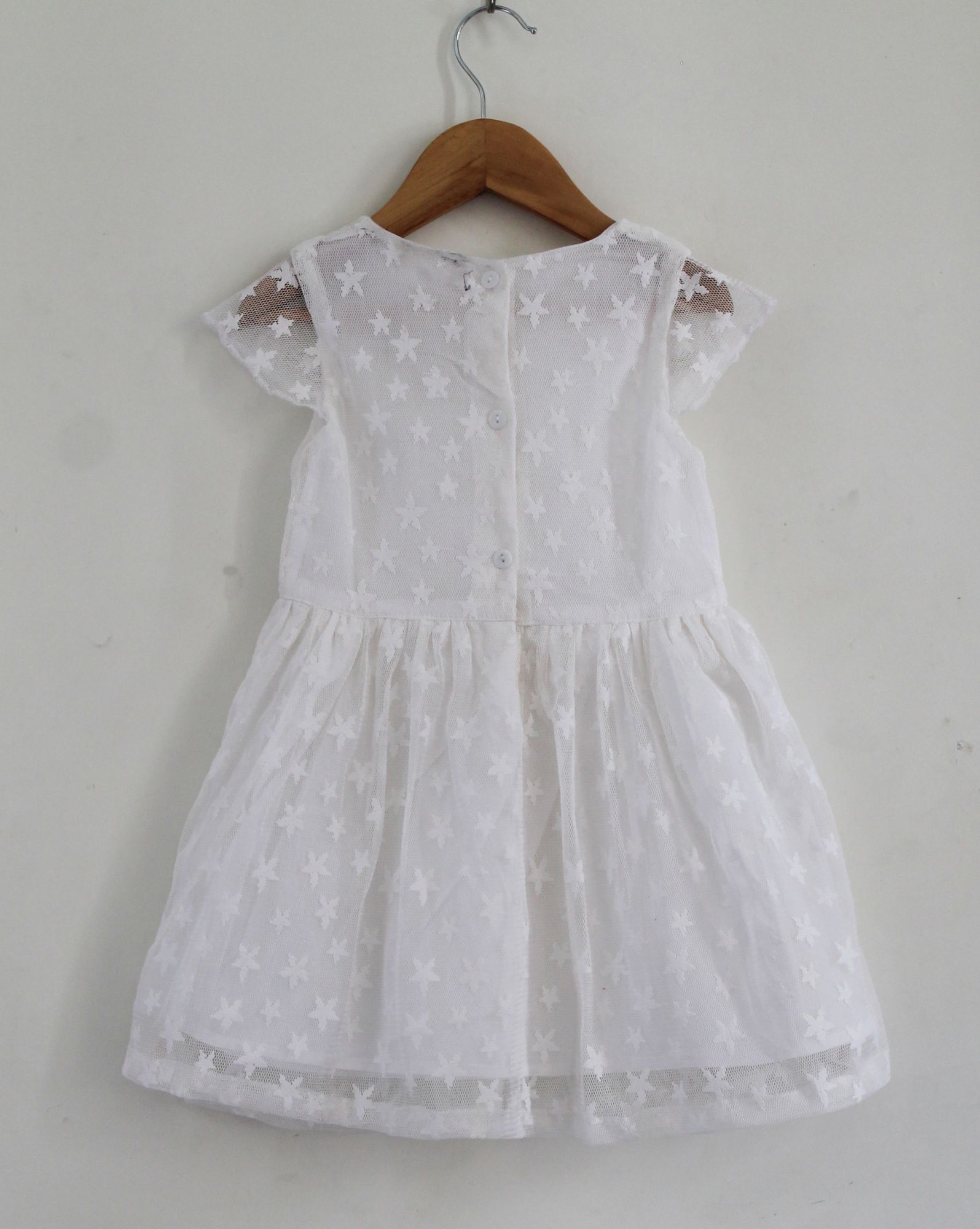 Woonie Cap Sleeves Star Embroidery Dress - White