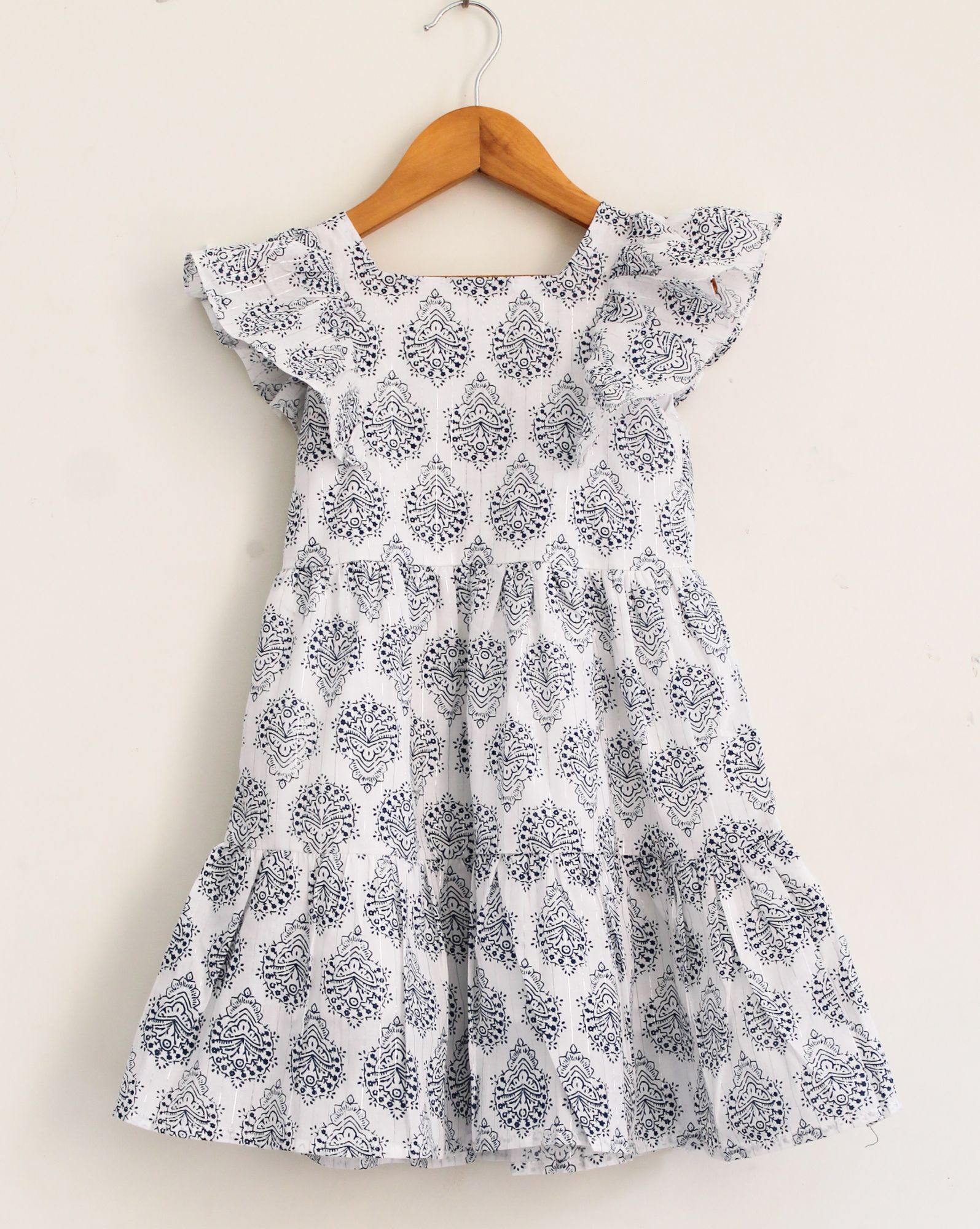Woonie Cap Sleeves Floral Block Print Dress - White