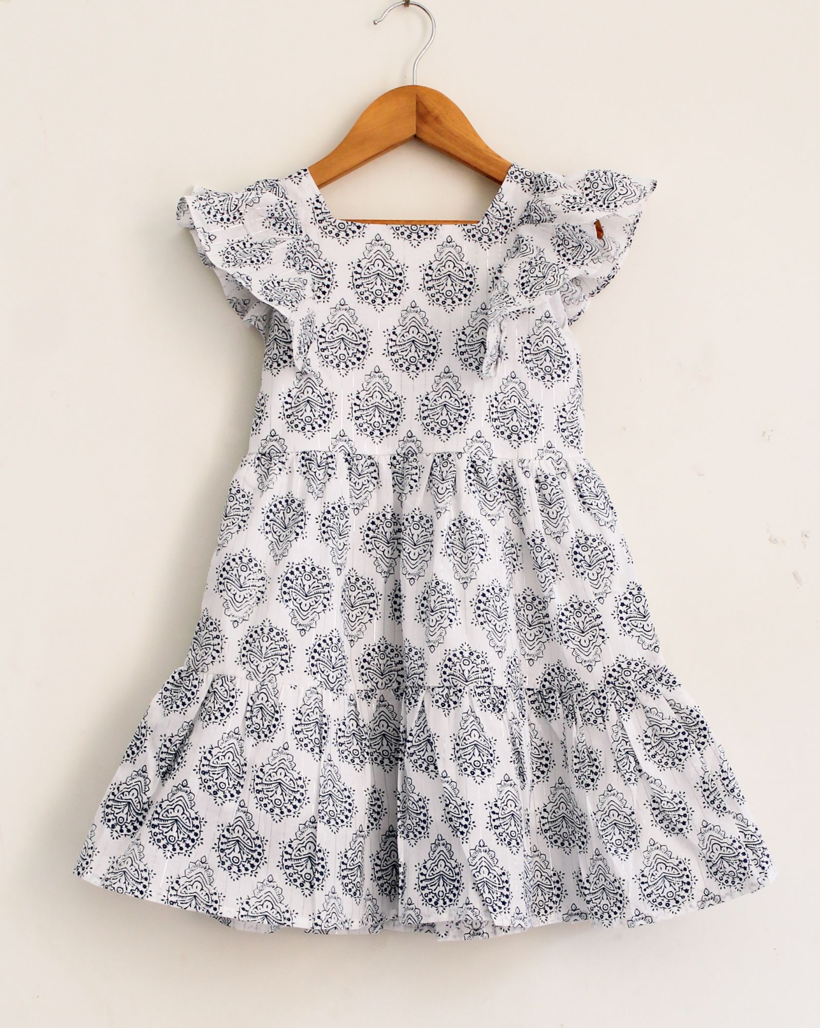 Woonie Cap Sleeves Floral Block Print Dress - White