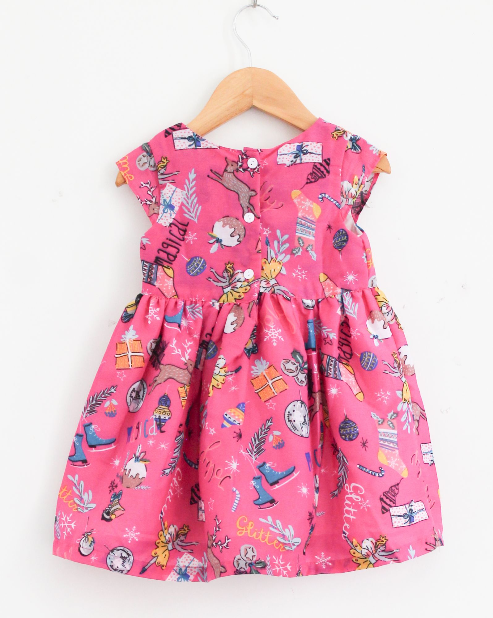 Woonie Cap Sleeves Fairy Print Dress - Pink