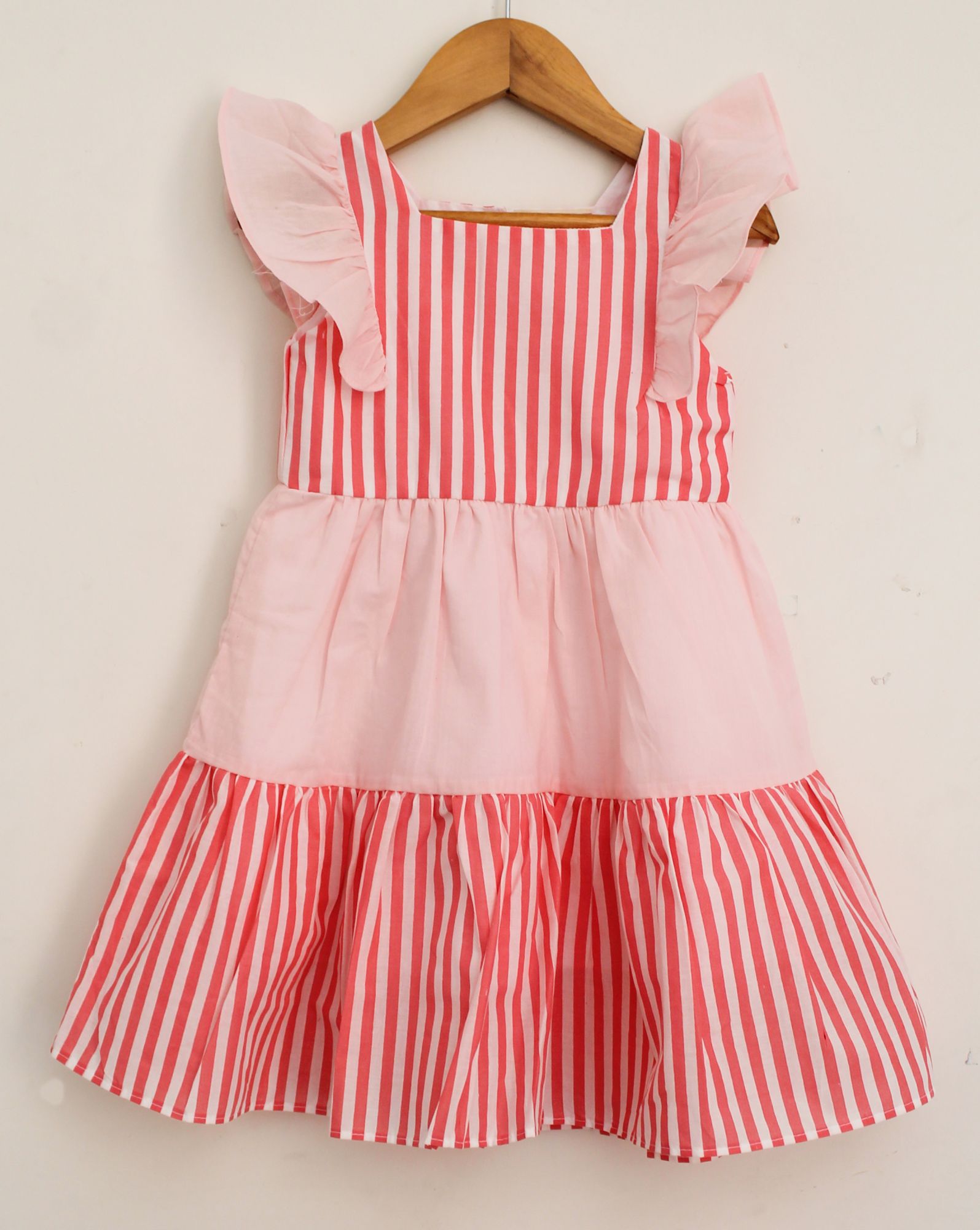 Woonie Cap Sleeves Striped Dress - Peach
