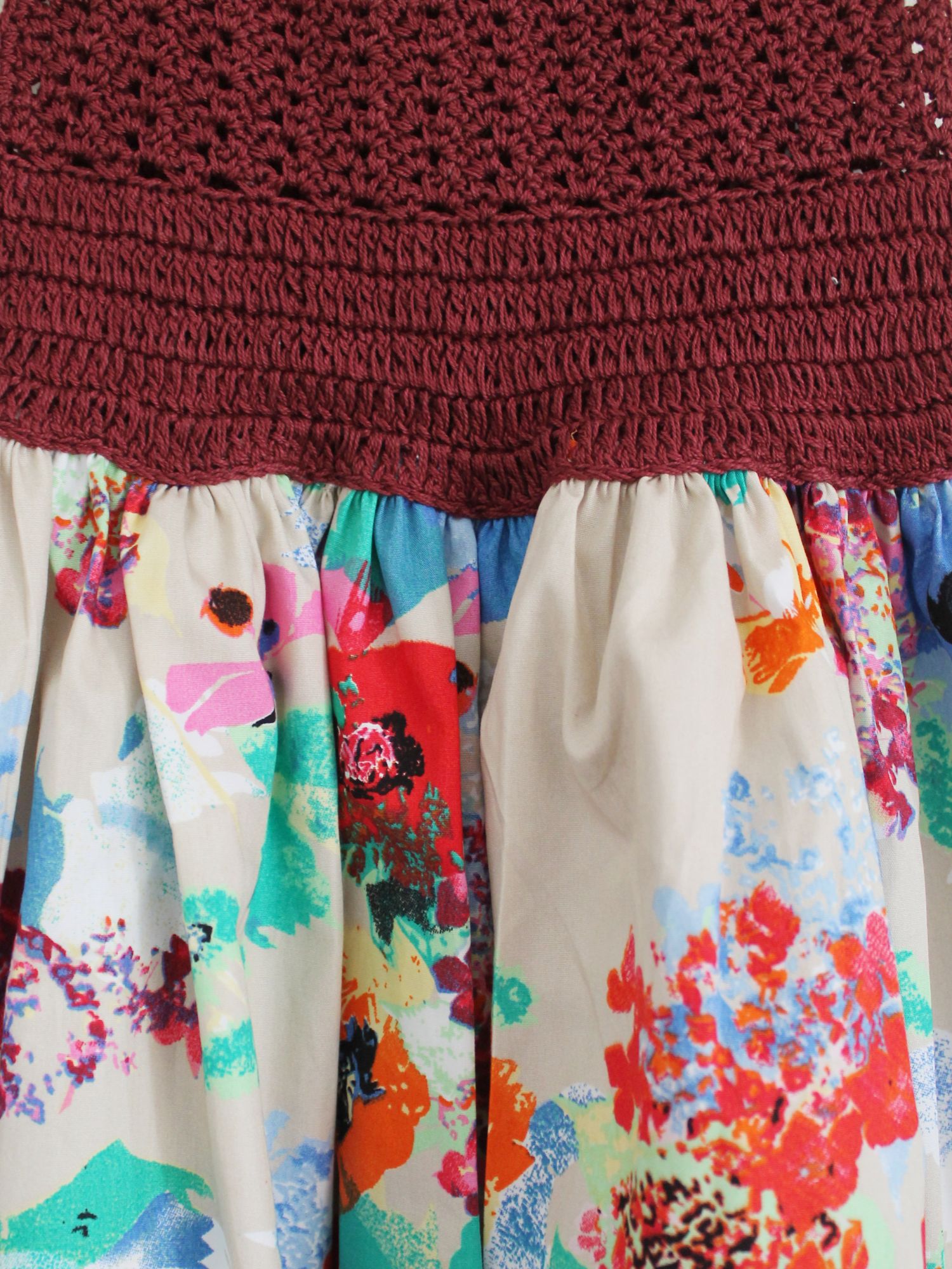 Woonie Handmade Crochet Sleeveless Floral Print Dress - Maroon