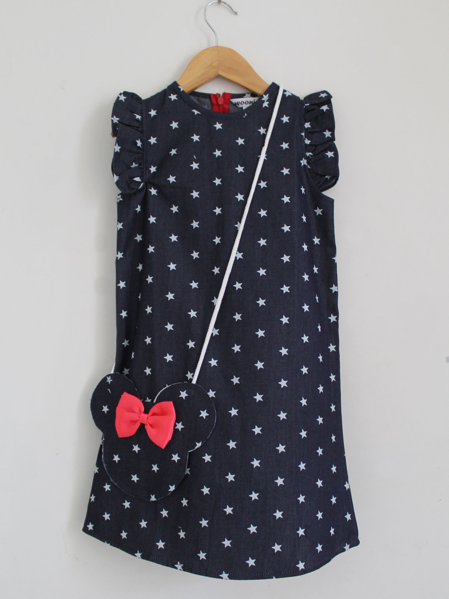 Woonie Cap Sleeves All Over Star Printed Dress With Sling Bag-Navy Blue