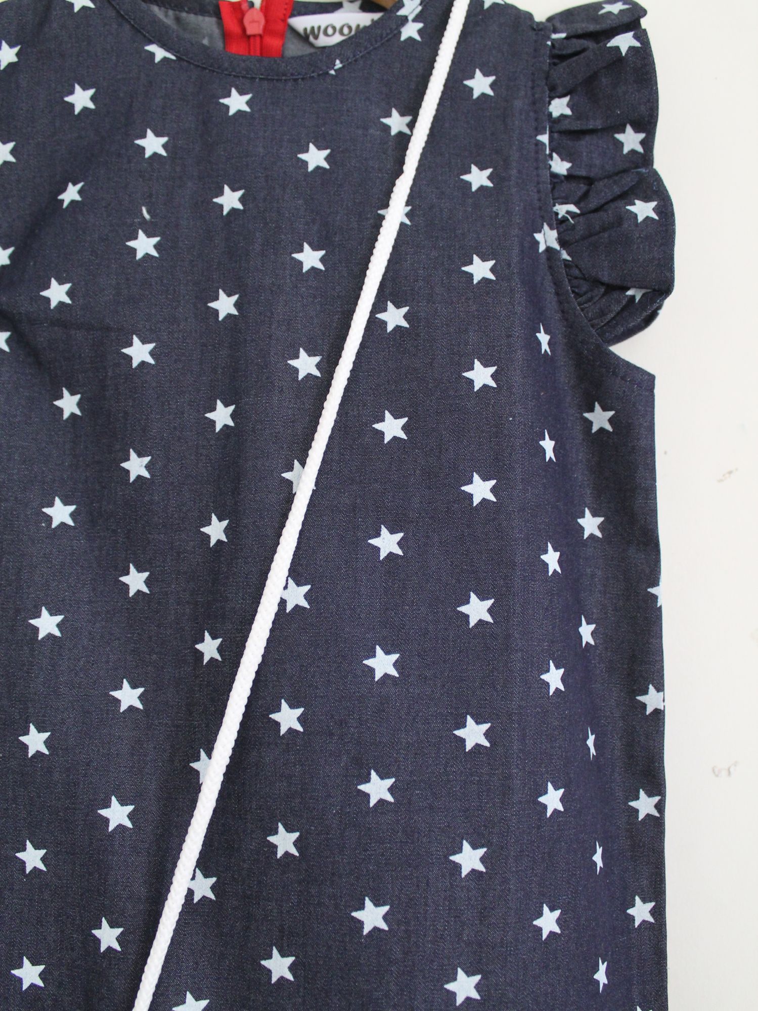 Woonie Cap Sleeves All Over Star Printed Dress With Sling Bag-Navy Blue