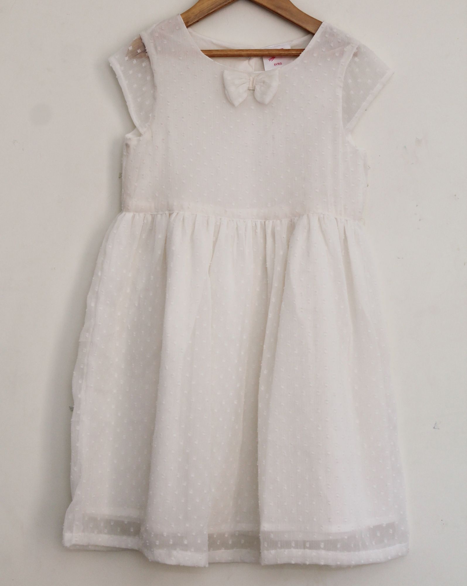 Woonie Short Sleeves Bow Detailing Swiss Dot Dobby Embroidered Frock-White