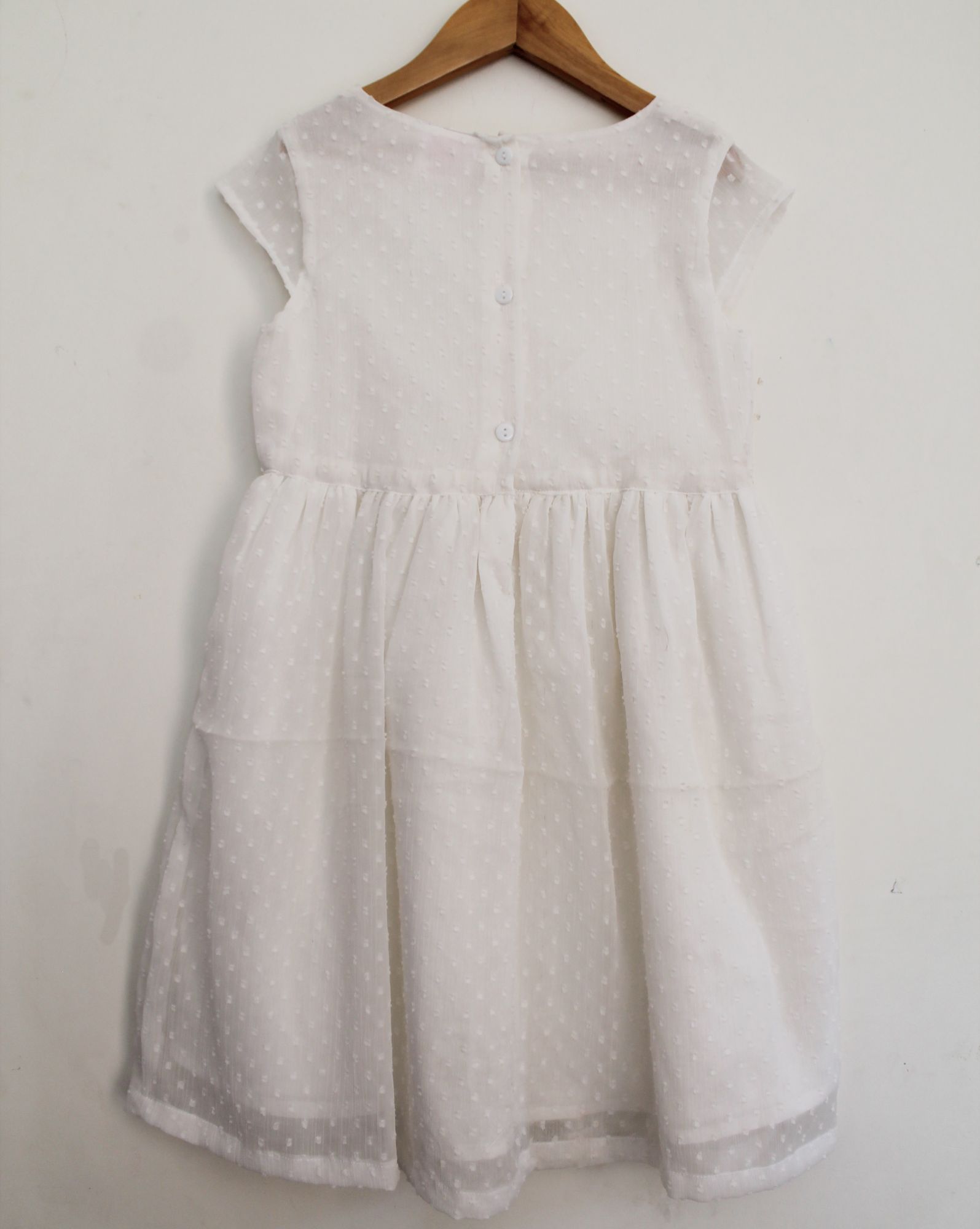 Woonie Short Sleeves Bow Detailing Swiss Dot Dobby Embroidered Frock-White