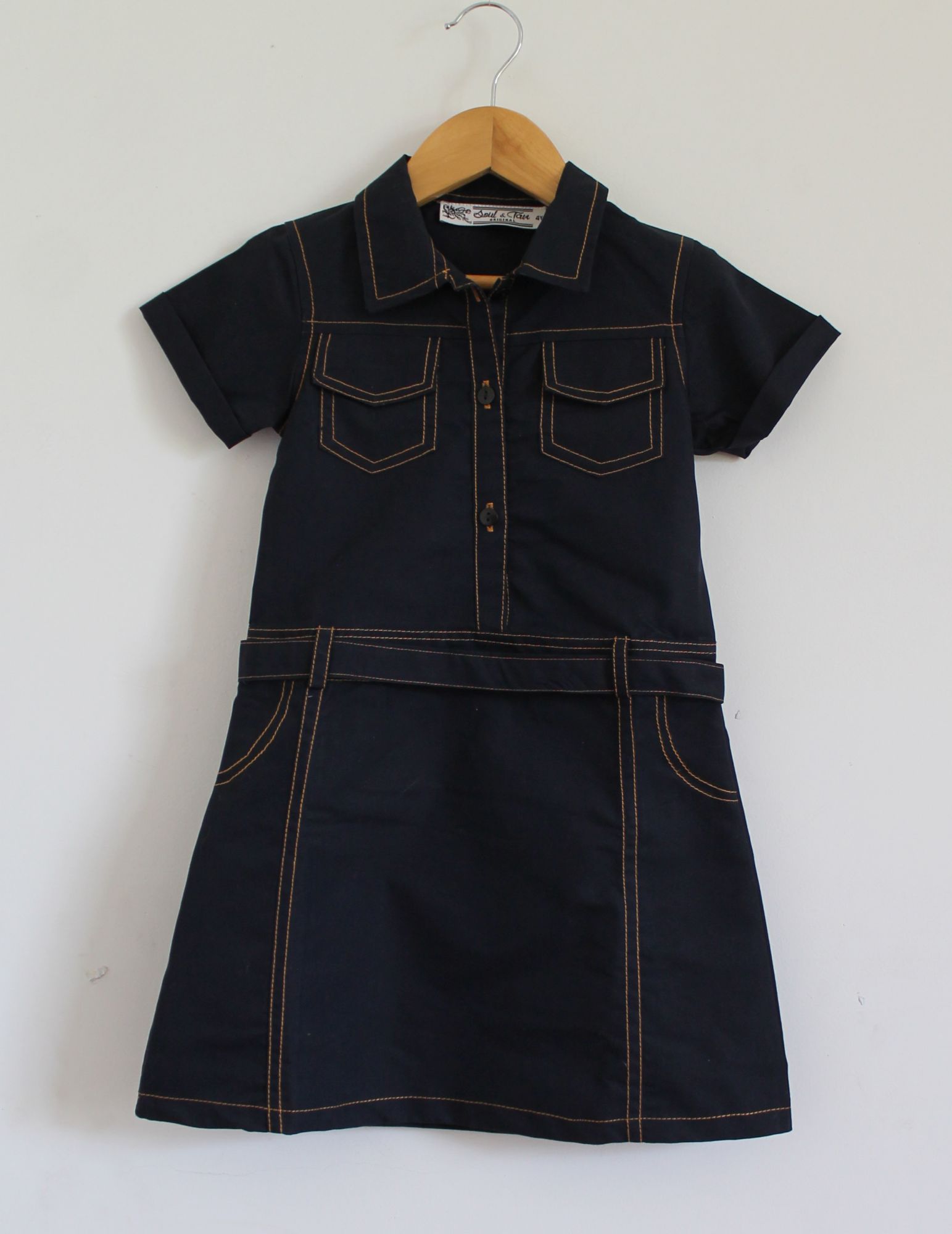 Woonie Half Sleeves Pocket Design Dress With Belt-Black