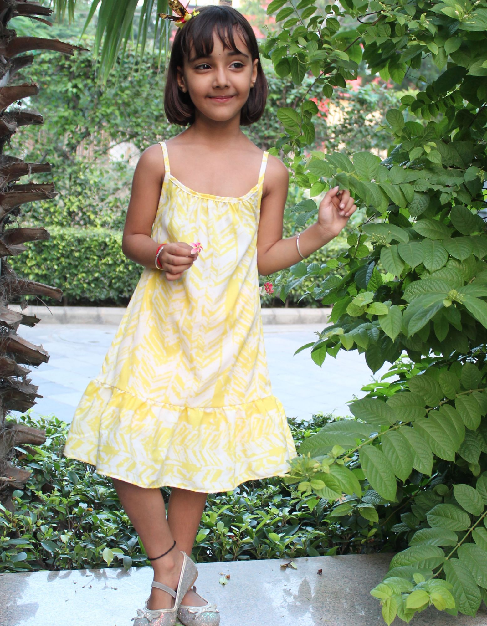 Woonie Sleeveless Floral Flared Frock-Yellow